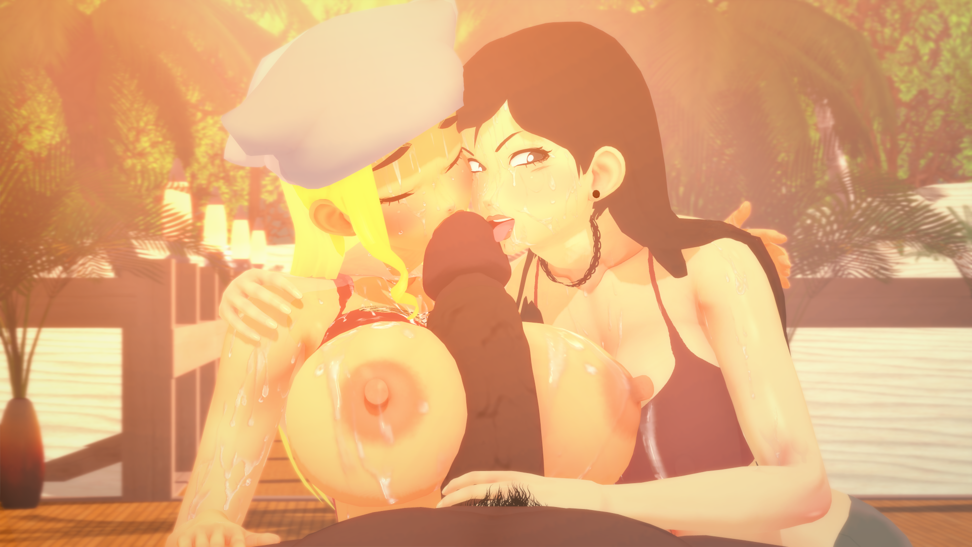 1boy, 2girls, 3d, 3d (artwork), alternate breast size, beach, big breasts, big penis, blacked asian, blonde hair, breast size difference, breasts, cartoon network, collaborative fellatio, cum on body, cum on breasts, cum on clothes, cum on face, dark hair, dark skin, dark-skinned male, double fellatio, exposed breasts, fellatio, fellatio through another's paizuri, female, ffm threesome, heather (tdi), interracial, koikatsu, licking penis, light skin, light-skinned female, lindsay (tdi), looking at viewer, male, multiple females, multiple girls, paizuri, pale skin, pale-skinned female, penis, ricebunny, straight, sucking, teamwork, threesome, total drama island, unseen male face