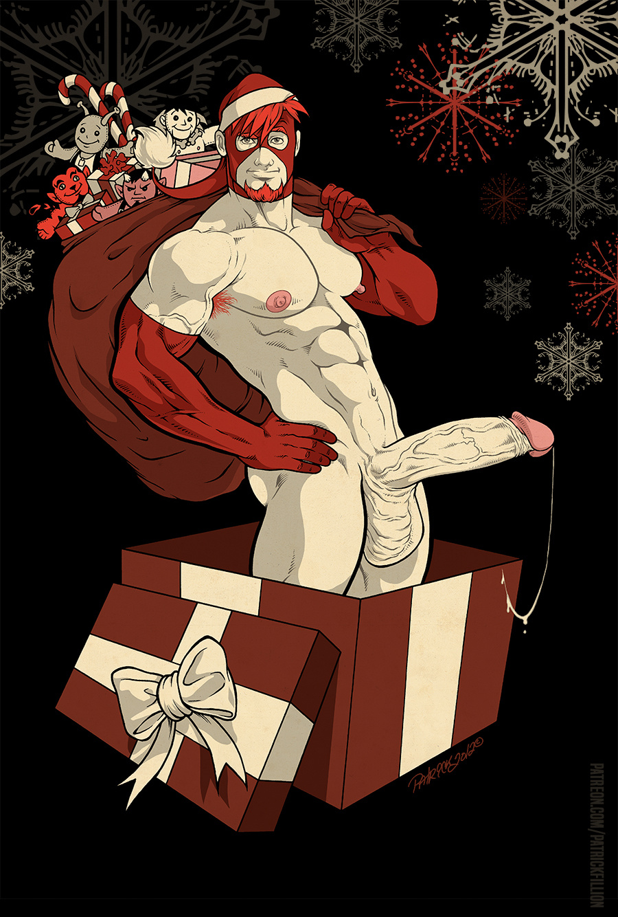 1male abs armpit_hair big_penis christmas class_comics felix_himner gloves male male_focus male_only mask muscular muscular_male naked_justice_(superhero) patrick_fillion pecs precum solo solo_male veiny_penis