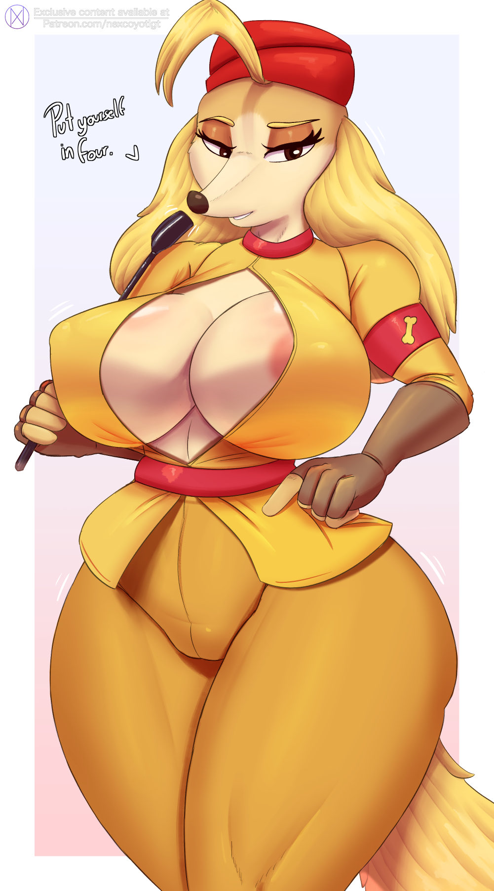 2022, anthro, areola, areola slip, big breasts, breasts, canid, canine, canis, cleavage, clothed, clothing, cuphead (game), dialogue, domestic dog, english text, female, fur, hat, headgear, headwear, hi res, huge breasts, hunting dog, mammal, nexcoyotlgt, pilot saluki (cuphead), riding crop, saluki, sergeant o'fera, sighthound, simple background, smile, solo, tan body, tan fur, text, video games, whip