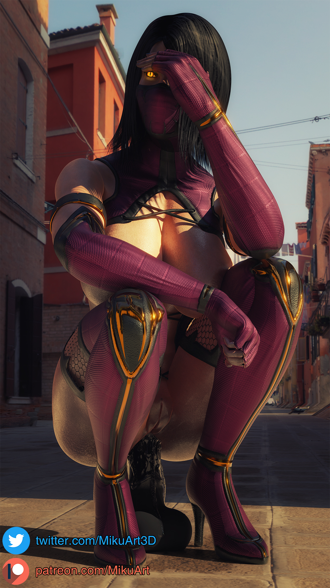 3d, anal, anal dildo, anal insertion, anal sex, big breasts, black dildo, black hair, blender, breasts, dildo, dildo sitting, female, glowing eyes, horsecock dildo, lube, lube drip, lube on sex toy, mask, mikuart, mileena, mortal kombat, ninja, orange eyes, public, squatting on dildo, street, sun