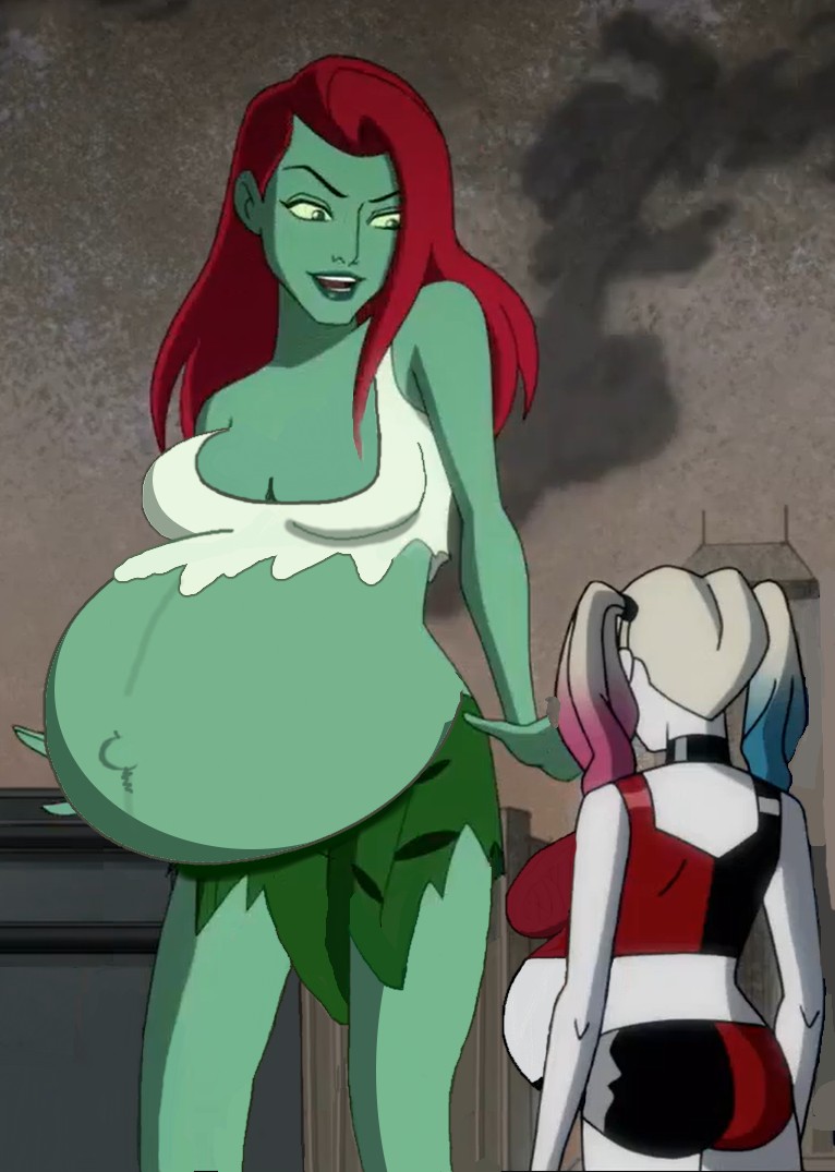 2d 2girls batman_(series) belly big_belly big_breasts breasts cleavage dc_comics edit female giantess green-skinned_female green_skin harley_quinn harley_quinn_(series) jtng23 multiple_pregnancies pamela_isley poison_ivy pregnant red_hair screencap size_difference