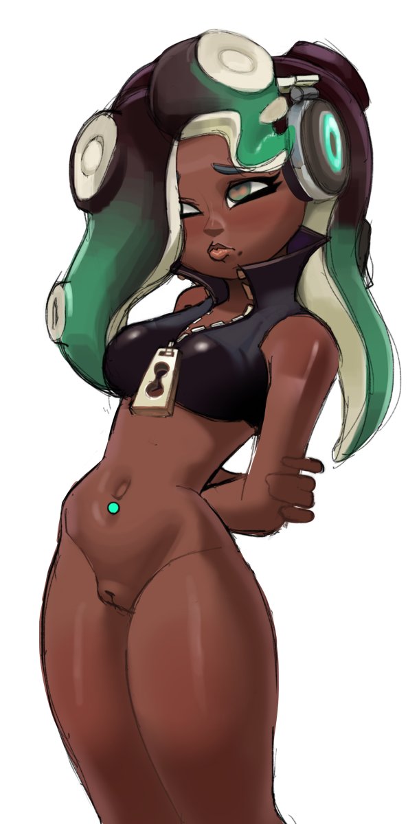 1girls arms_behind_back bottomless capy_diem crop_top dark-skinned_female dark_skin female female_only hair_over_one_eye marina_(splatoon) nintendo octoling piercing pout pouting pussy solo splatoon stomach_piercing tentacle_hair thick_thighs