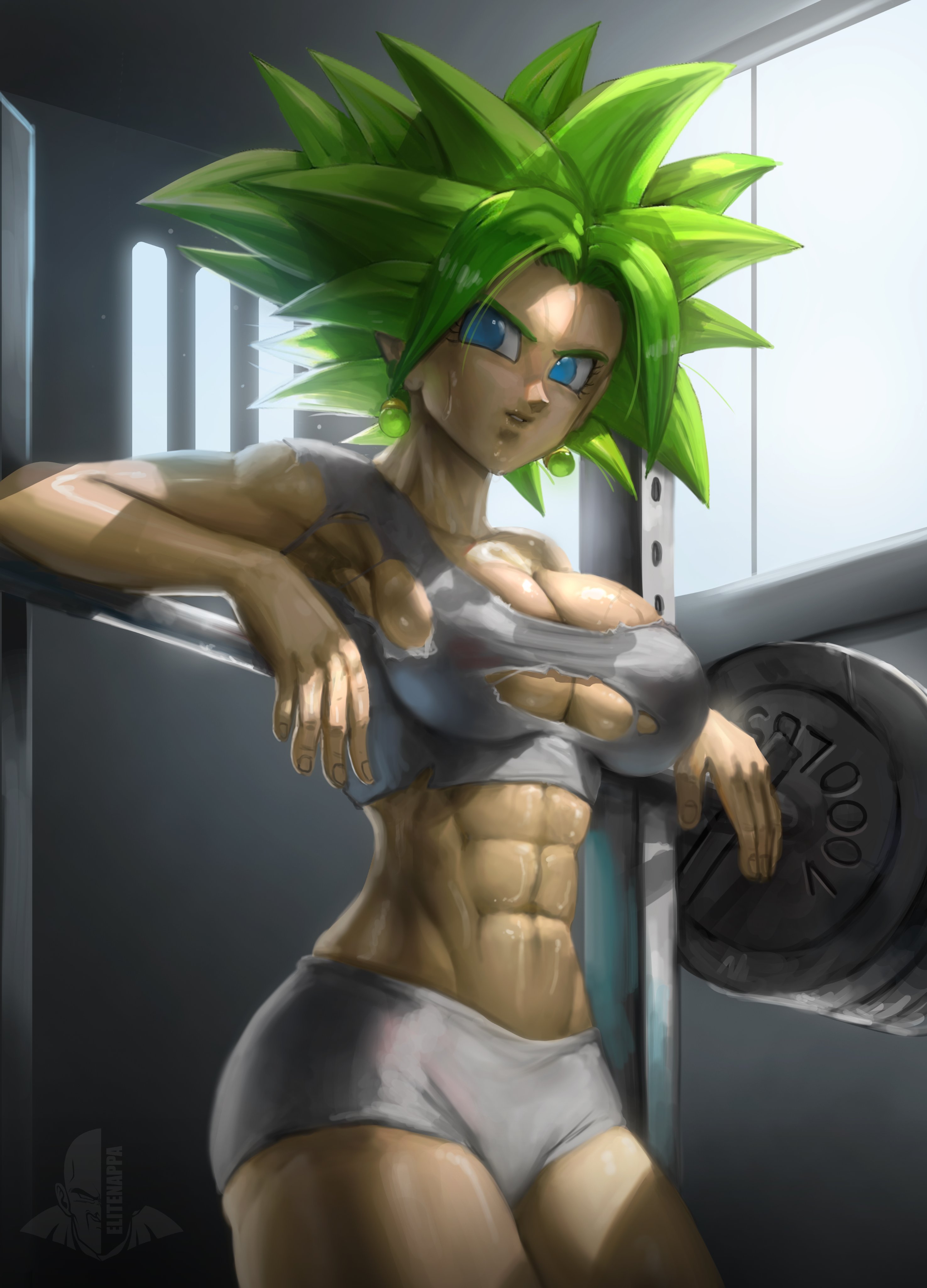 1girls, abs, barbell, big breasts, blue eyes, breasts, busty, dragon ball, dragon ball super, ear piercing, earrings, elitenappa, female, female only, female saiyan, fusion, green hair, gym, huge breasts, indoors, kefla, large breasts, legendary super saiyan, muscular, muscular female, piercing, potara earrings, saiyan, shorts, shounen jump, solo, solo female, sports bra, super saiyan, super saiyan 2, sweat, thick thighs, toned, toned female, torn clothes, weights, wide hips