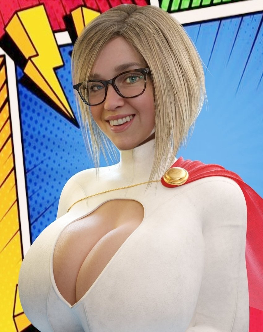 1girls 3d absurd_res big_breasts blonde_hair blue_eyes boob_window cleavage cleavage_cutout dc dc_comics female female_only fully_clothed glasses gloves goofy_smile hi_res injustice_2 karen_starr large_breasts netherrealm_studios power_girl smile solo steps3d superheroine superman_(series)