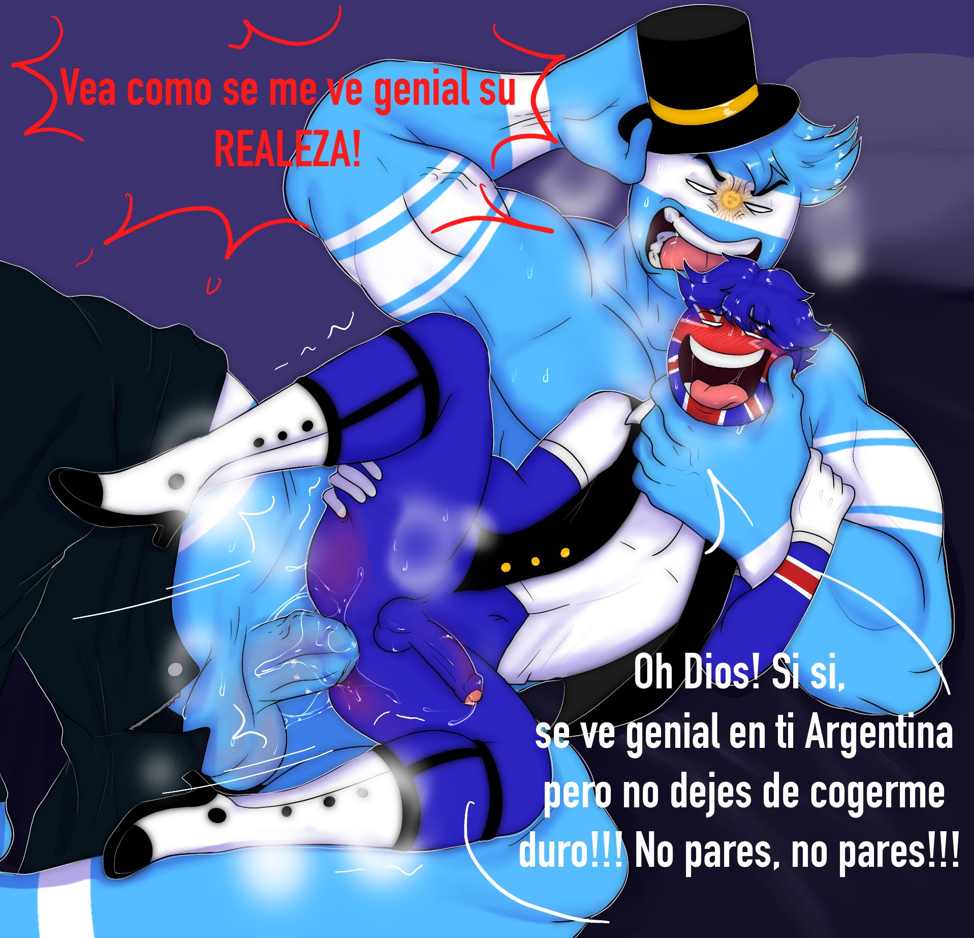 2boys, anal, anal sex, argentina (countryhumans), blush, countryhumans, male, male only, melix214, no pupils, spanish text, text, united kingdom (countryhumans), white eyes, yaoi