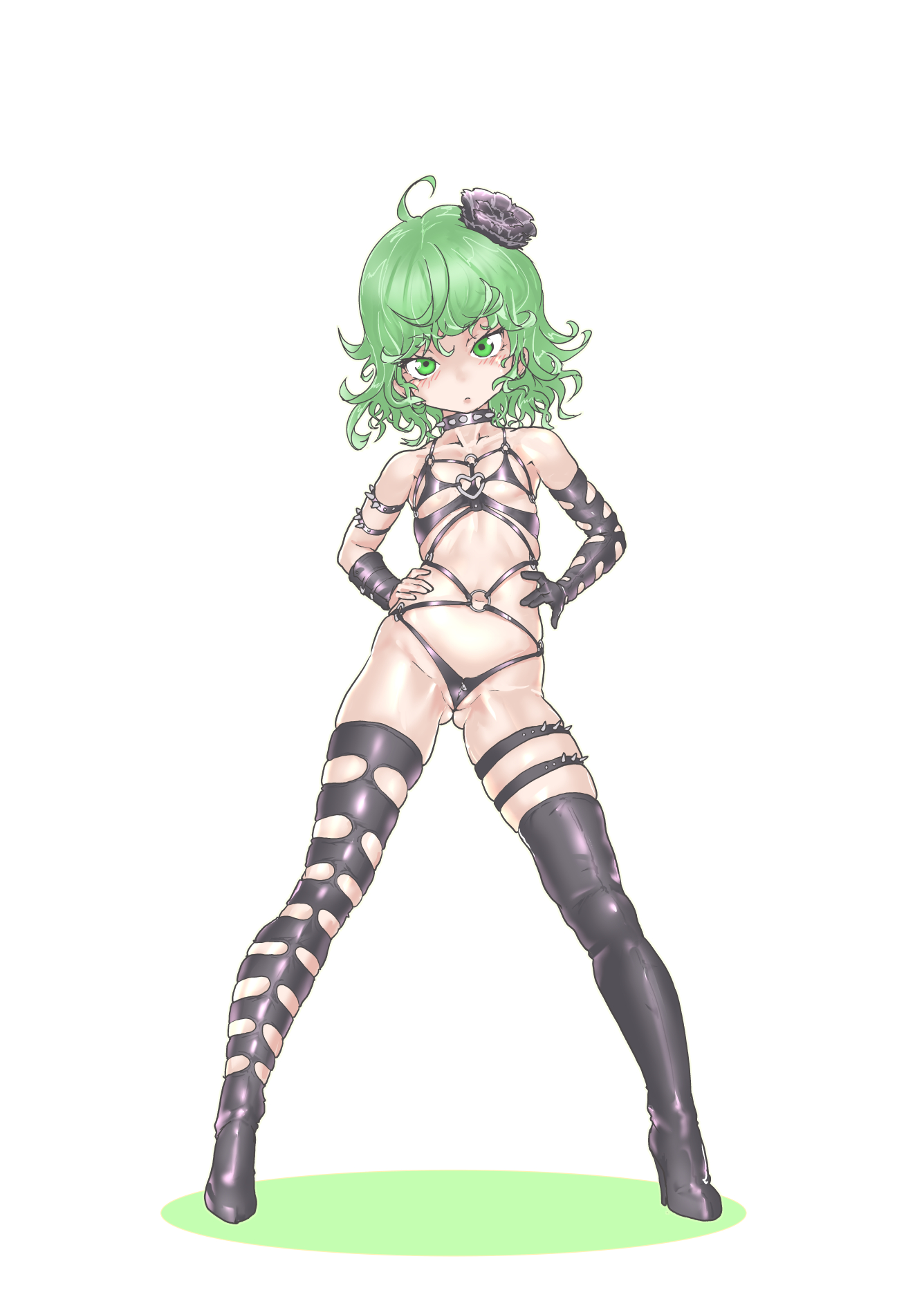 1girls, alternate costume, blush, cosplay, dominatrix, embarrassed, female, green hair, kaijin hime do-s (cosplay), looking at viewer, mersoleil03, one-punch man, revealing clothes, short hair, tatsumaki