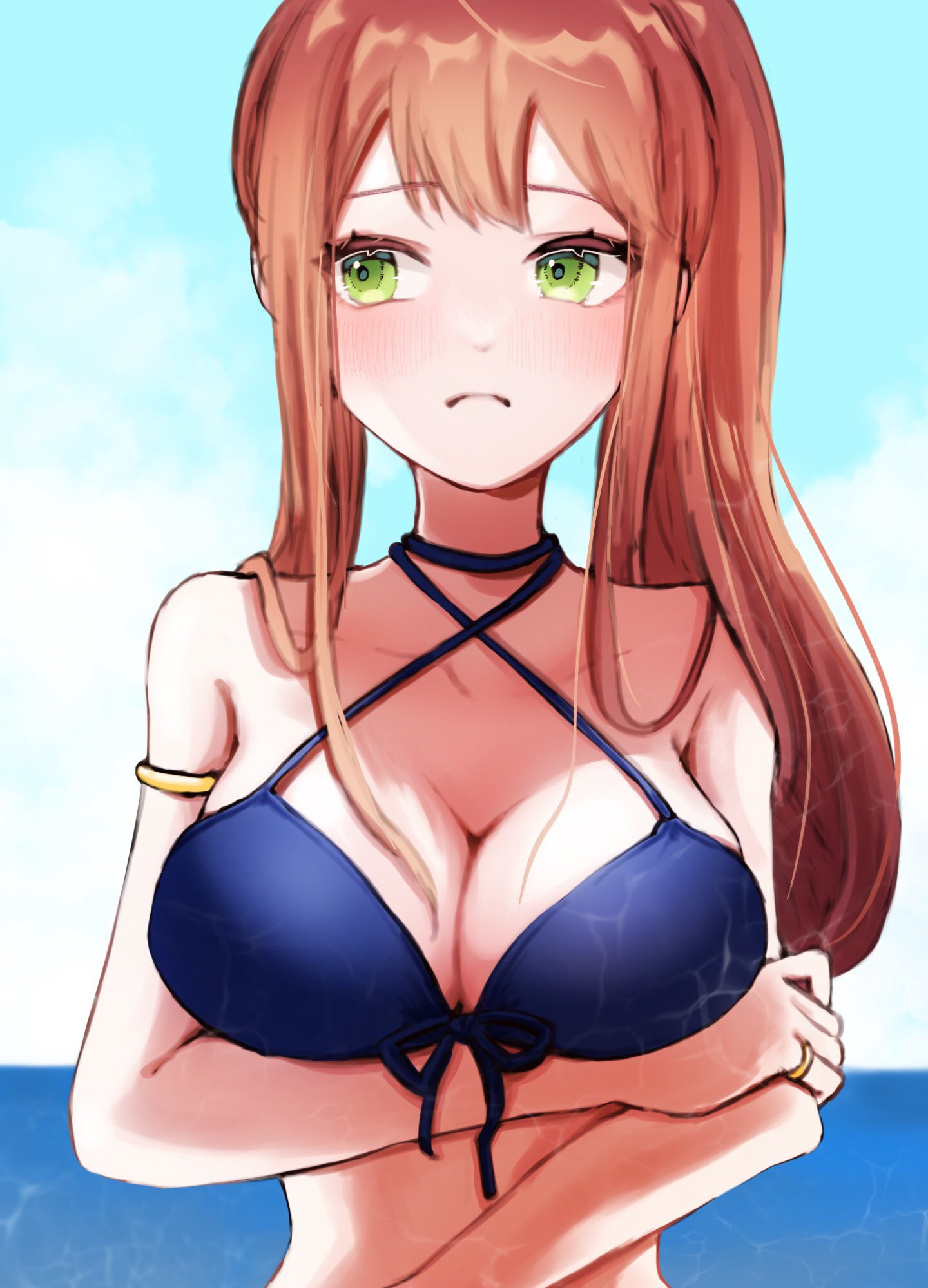 arms under breasts, blue swimsuit, breasts, brown hair, doki doki literature club, female, frown, frowning, green eyes, long hair, looking away, looking to the side, monika (doki doki literature club), ocean, swimsuit, water, wet, yadokareality (artist)