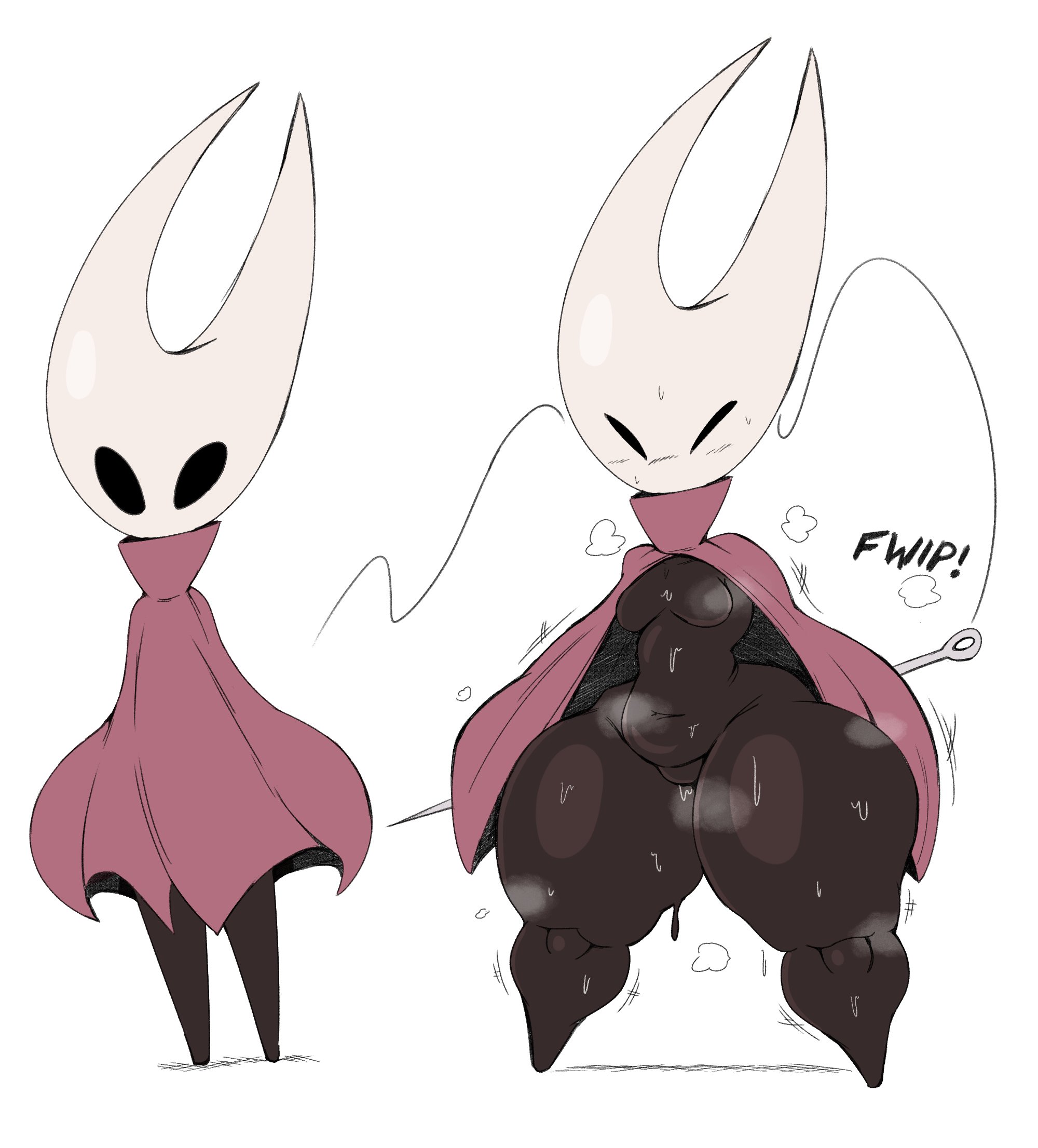 1girls, bottom heavy, breasts, cloak, clothing, dark skin, female, female only, hammerspace, hollow knight, hornet (hollow knight), mask, musk, musk clouds, needle, no artist signature, open cloak, outerwear, purple yoshi draws, shortstack, small breasts, solo, sweat, team cherry, thick thighs, thunder thighs, weapon, wide hips