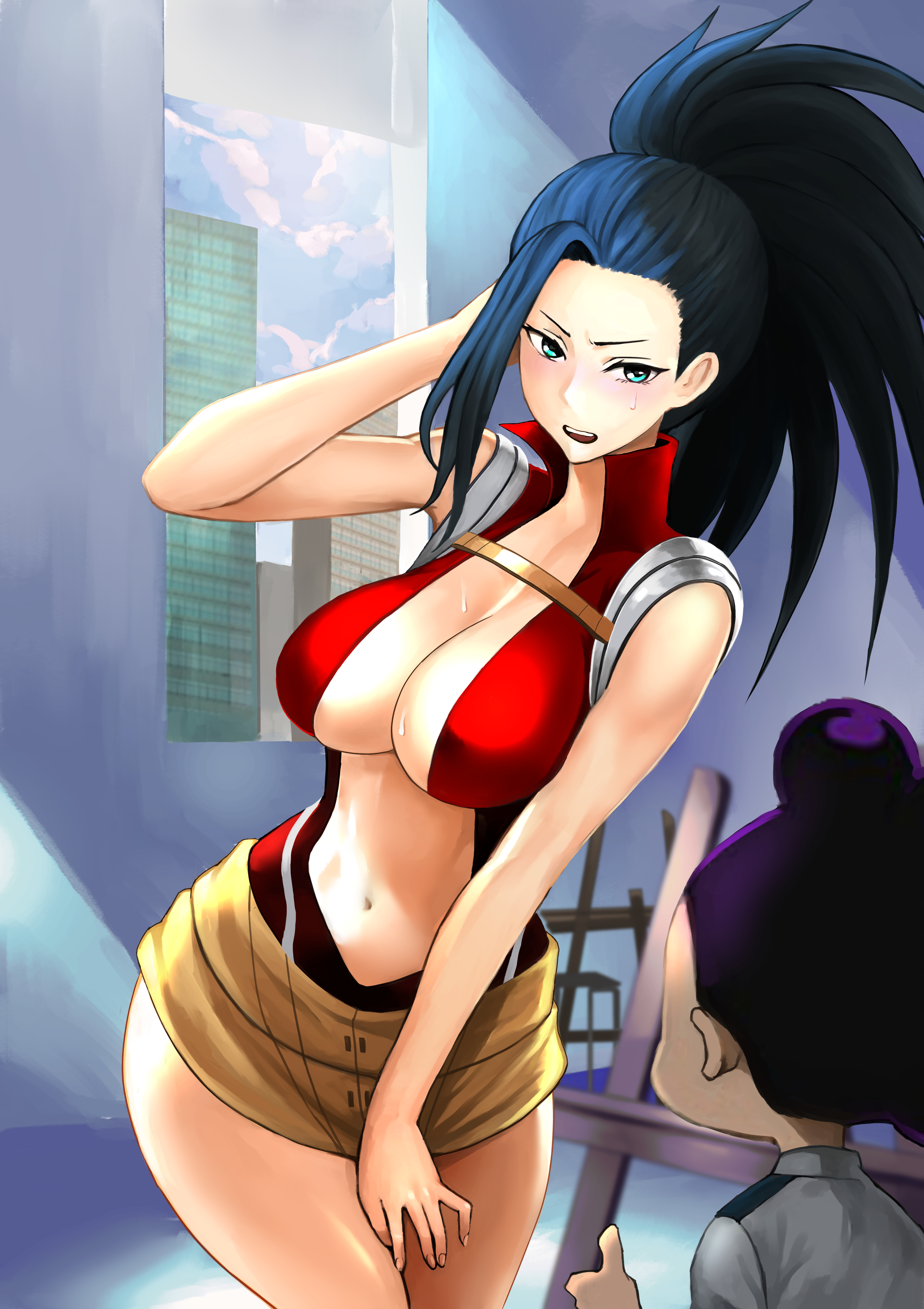 1boy, 1girls, black hair, black-haired female, blue eyes, blush, breasts, cleavage, female, hero outfit (mha), hourglass figure, huge breasts, human, human female, large breasts, leotard, light-skinned female, male, maro2ki, medium hair, midriff, minoru mineta, momo yaoyorozu, momo yaoyorozu (hero outfit), my hero academia, nervous, open mouth, ponytail, purple hair, purple-haired male, slim waist, superheroine, thick thighs, wide hips