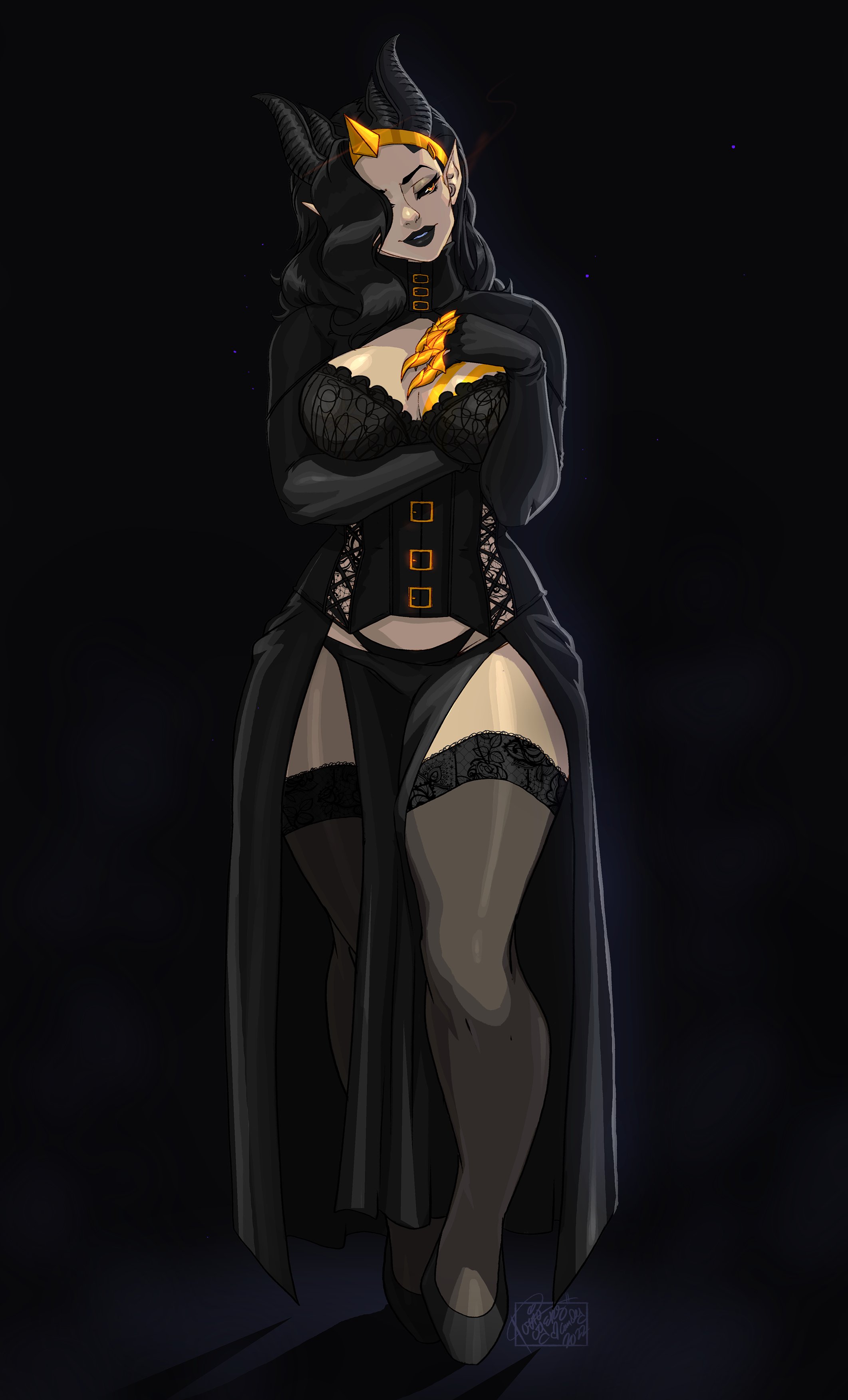 1girls, amber eyes, arm under breasts, black hair, black lipstick, black sclera, breasts, character request, commission, corset, demon, demon girl, demon horns, female, female only, full body, goth, hair over one eye, horns, lingerie, long hair, looking away, narrowed eyes, original, original character, pelvic curtain, pointy ears, solo, solo female, stockings, thick thighs, tovio rogers, very high resolution