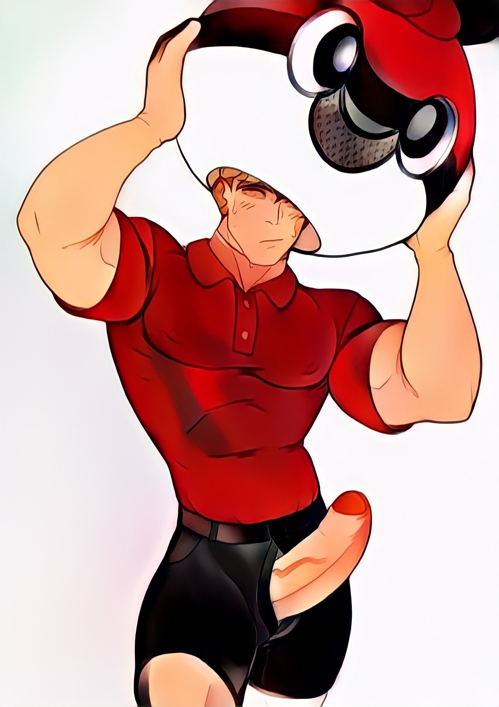 ball_guy_(pokemon) beefy boner daddy erection foreskin male male_focus male_only manly muscular muscular_male npc_trainer penis pokeball pokemon polo_shirt schizoid shorts solo solo_male sweat uncircumcised upscaled