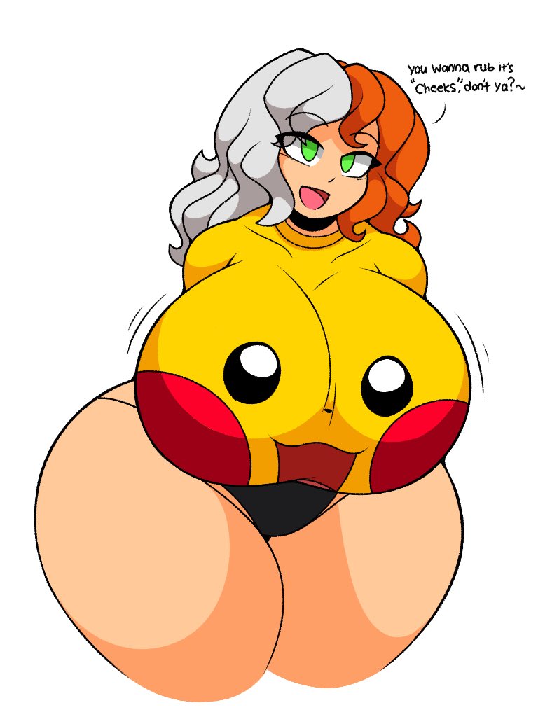 big_breasts breasts dialogue female huge_breasts omegabrawl original_character pikachu pokémon_(species) pokemon tagme text thick_thighs wide_hips