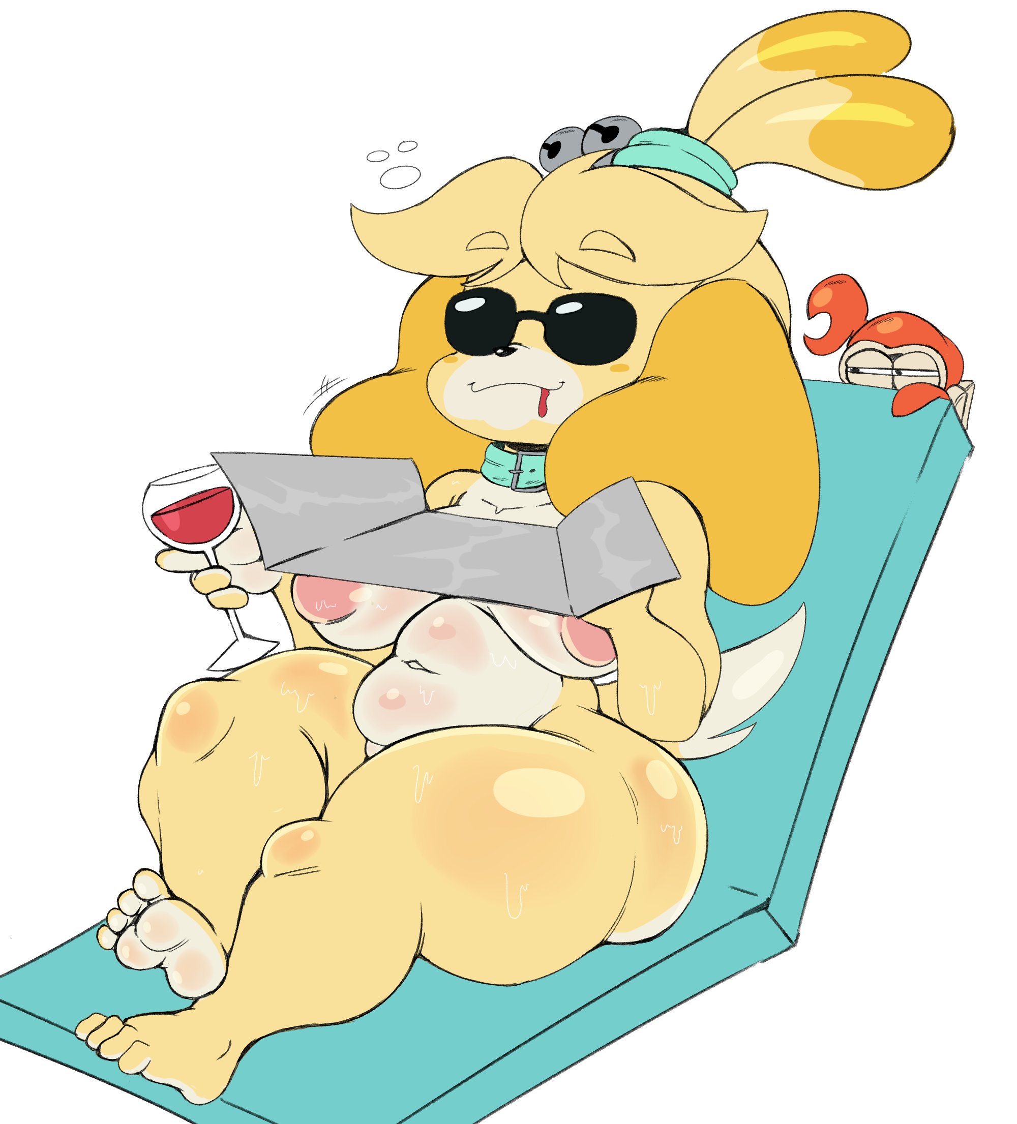 1girls, animal crossing, anthro, breasts, chair, crab, domestic dog, drink, female, female only, isabelle (animal crossing), legs crossed, nintendo, nude, nude female, purple yoshi draws, relaxing, sitting, sitting on chair, solo, sunbathing, sunglasses, sweat, thick thighs, wide hips