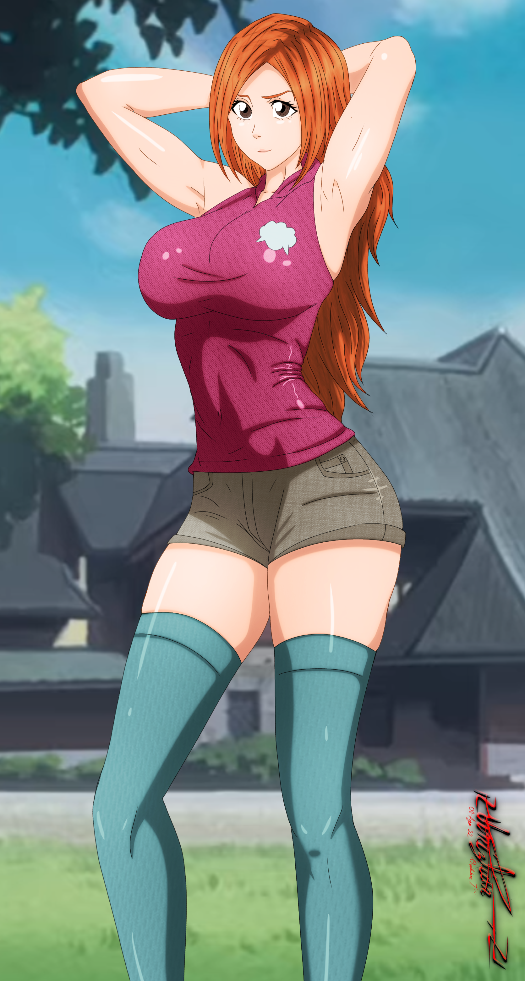 1girls, armpits, arms behind head, big breasts, bleach, breasts, brown eyes, busty, covered navel, female, female only, fully clothed, highres, inoue orihime, large breasts, legs, orange hair, pose, sensual, shorts, smile, solo, solo female, thighs