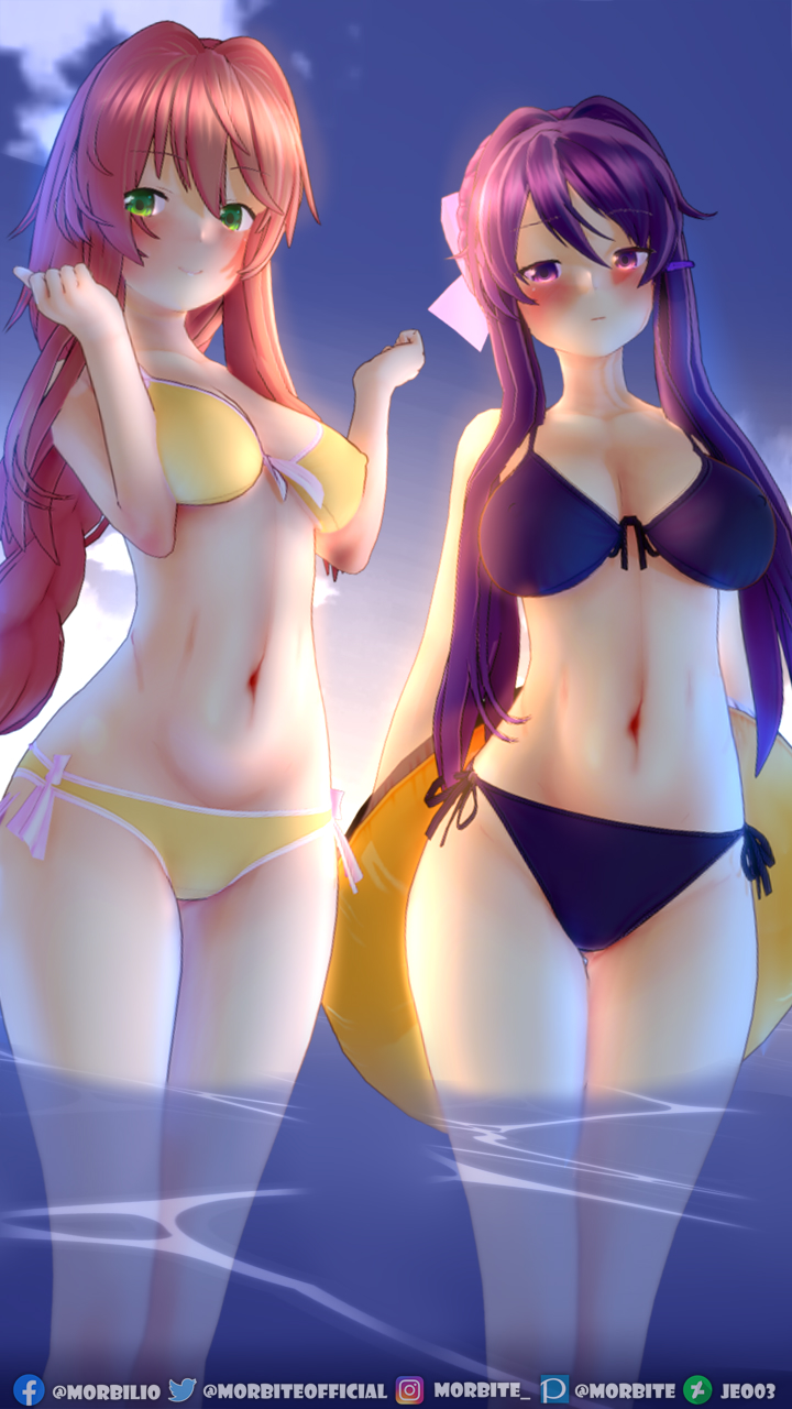 2girls blush blushing bow braided_ponytail breasts brown_hair cleavage doki_doki_literature_club female female_only green_eyes hairstyle_swap hat in_water looking_at_viewer monika_(doki_doki_literature_club) morbite multiple_girls ocean ponytail purple_eyes purple_hair purple_swimsuit sun_hat swimsuit thighs water yellow_swimsuit yuri_(doki_doki_literature_club)