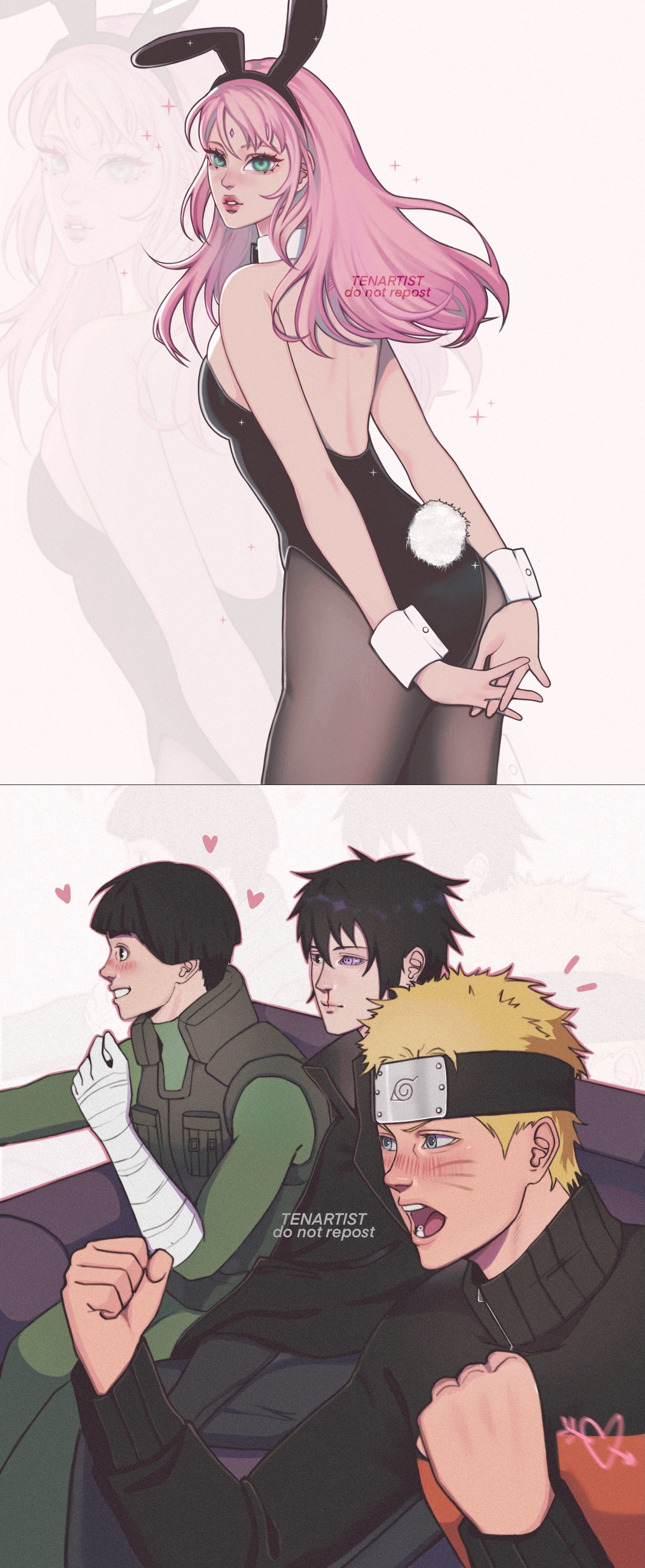 1girls, black hair, blonde hair, blue eyes, blush, bunny ears, bunny girl, bunny tail, bunnysuit, clothed, female, green eyes, happy, heart, male, meme, multiple boys, multiple males, naruto, naruto (series), naruto shippuden, nosebleed, pink hair, rock lee, sakura haruno, sasuke uchiha, uzumaki naruto