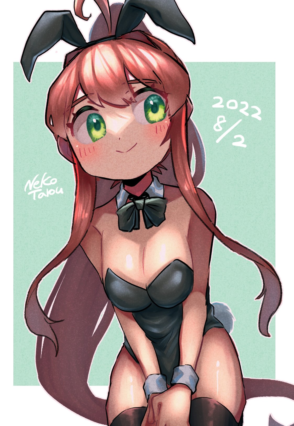 black bunny ears, black bunnysuit, blush, brown hair, bunny costume, bunny ears, bunny girl, bunny tail, bunnysuit, doki doki literature club, female, green eyes, long hair, monika (doki doki literature club), nekotarou (artist), ponytail, smile, smiling