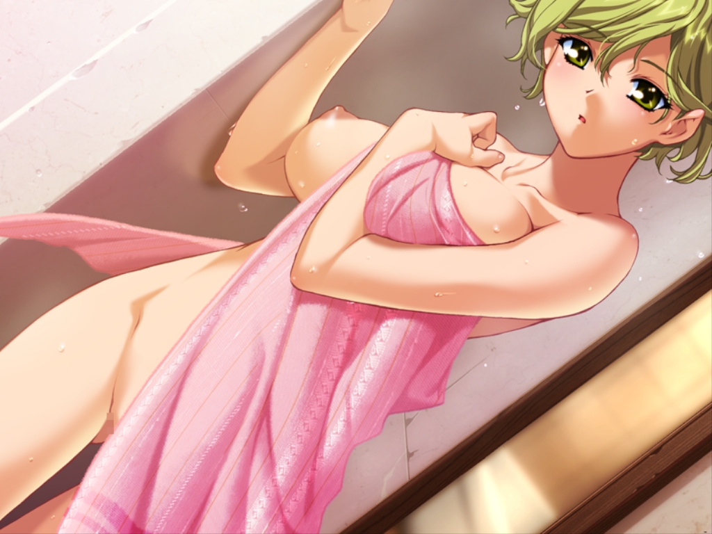 blonde_hair blush breasts censored cg dutch_angle female game_cg green_eyes ino izayoi_no_hanayome large_breasts mink_(company) naked_towel nipples nude open_mouth pussy saegusa_mikoto short_hair solo thigh_gap thighs towel wet