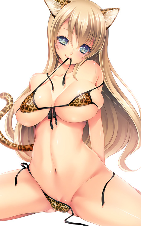 animal_ears animal_print bare_shoulders big_breasts bikini blonde_hair blue_eyes breasts bursting_breasts cat_ears cat_tail cheetah_print collarbone eyelashes female front-tie_top head_tilt large_breasts long_hair looking_at_viewer momoi_komomo mouth_hold navel original pussy side-tie_bikini simple_background sitting skindentation smile solo spread_legs swimsuit tail undone very_long_hair white_background