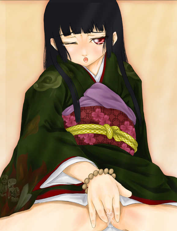 bangs black_hair blunt_bangs enma_ai fingering hime_cut japanese_clothes jigoku_shoujo long_hair masturbation pussy_juice red_eyes scharfschutze sharufushuttse solo