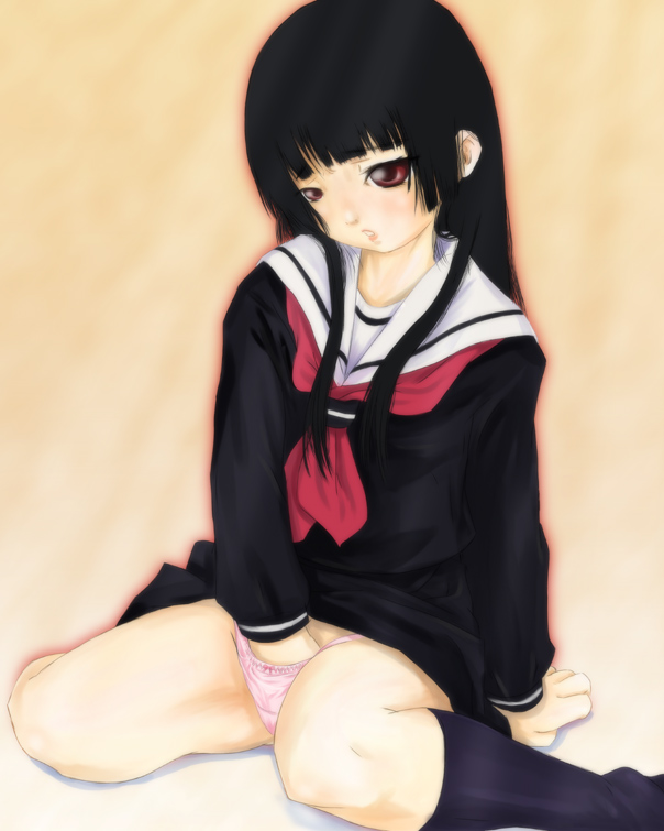 arm_support bangs black_hair black_kneehighs black_legwear blunt_bangs blush enma_ai footwear hand_in_panties hime_cut jigoku_shoujo kneehighs long_hair masturbation miniskirt panties pink_panties red_eyes school_uniform seifuku serafuku sitting skirt socks solo underwear white_panties