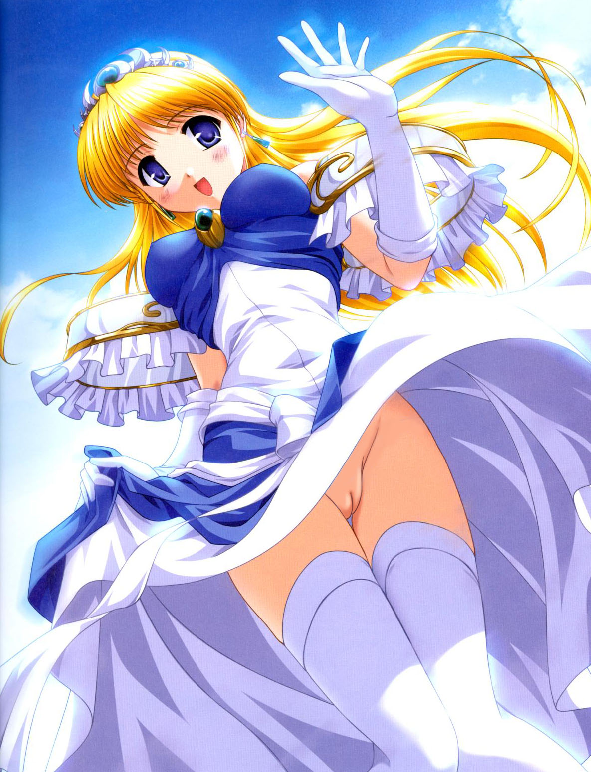 bekkankou blonde_hair blue_eyes blush dress earrings elbow_gloves female from_below game_cg gloves highres huge_eyes jewelry leticia_apple long_hair looking_down no_panties princess_holiday pussy smile solo thighhighs tiara uncensored upskirt waving white_legwear white_thighhighs