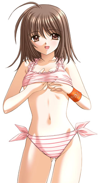 bikini bikini_lift breast_grab breasts brown_eyes brown_hair nishimata_aoi self_fondle short_hair shuffle shuffle! striped swimsuit underboob