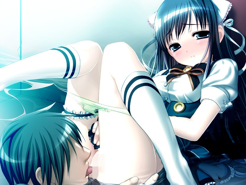 animal_ears black_hair blouse blue_eyes blush bowtie cat_ears censored covering covering_crotch cunnilingus dress dress_tug footwear frills game_cg garters green_panties headdress kneehighs long_hair lying on_back oral panties panty_pull pool socks underwear white_kneehighs white_legwear yotsunoha yuki_arisa