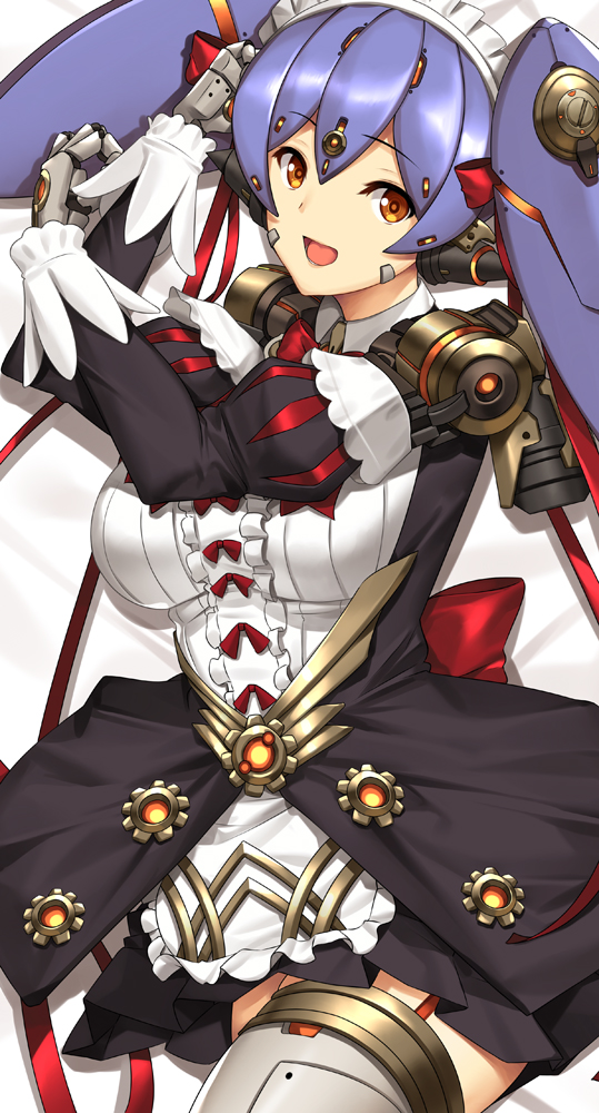 1girls android areolae bare_shoulders blush breasts commentary commission dakimakura dual_persona elbow_gloves english_commentary eyebrows_visible_through_hair female female_only gloves large_breasts long_hair looking_at_viewer lying maid maid_headdress nintendo open_mouth orange_eyes poppi_(xenoblade) poppi_qt_(xenoblade) purple_hair smile solo thighhighs thighs tony_guisado xenoblade_(series) xenoblade_chronicles_2