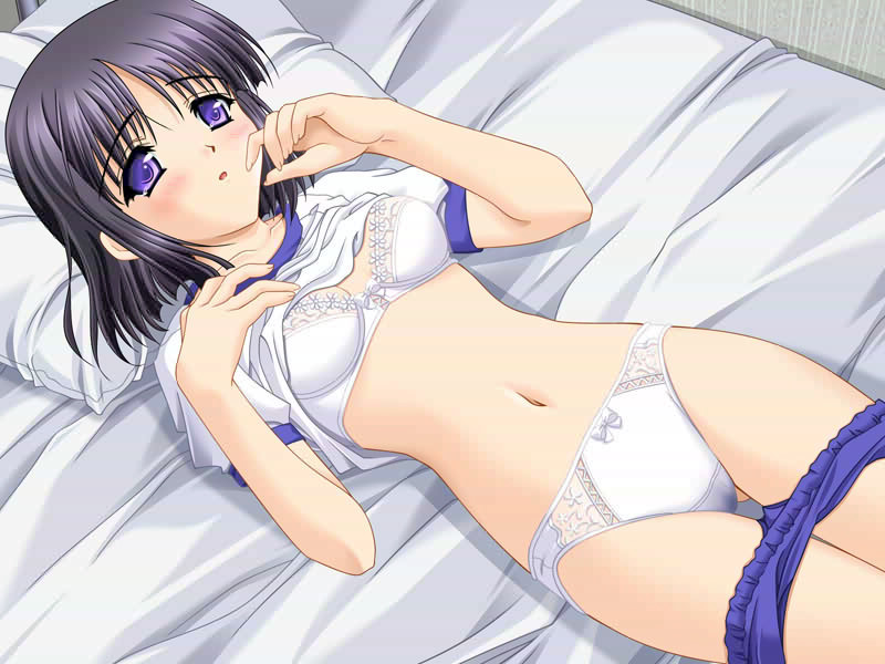 bed bra buruma buruma_pull game_cg gym_uniform isawa_tae lamune lingerie panties purple_eyes solo underwear white_bra white_panties