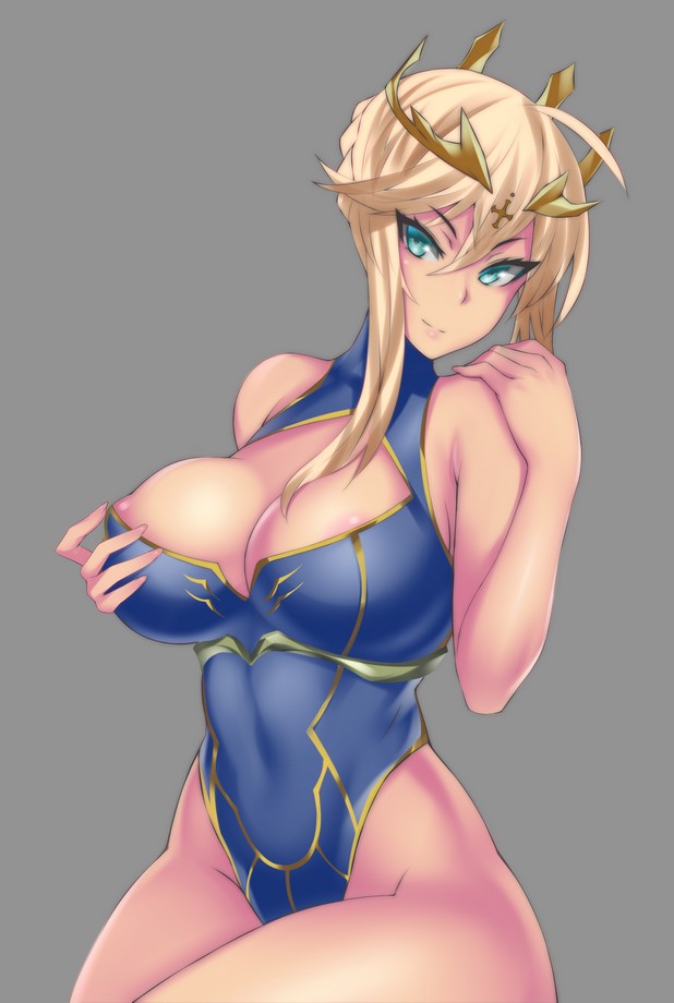 ahoge areola_slip areolae artoria_pendragon artoria_pendragon_(lancer) bangs bare_shoulders blonde_hair braid breasts crown fate/grand_order fate_(series) female french_braid green_eyes grey_background hevn highleg highleg_leotard large_breasts leotard long_hair looking_at_viewer simple_background smile solo swept_bangs wide_hips