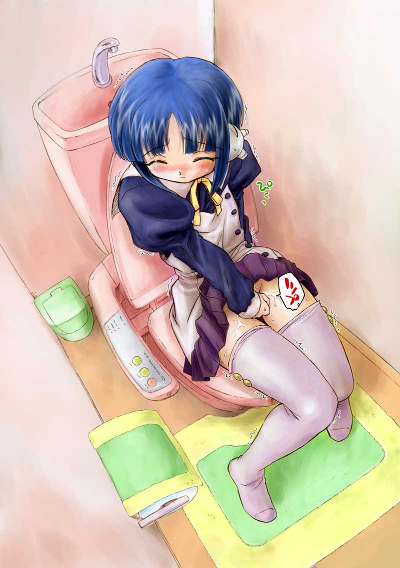 1girls blue_hair blush closed_eyes clothed_masturbation clothing female fingering flat_chest ilfa_(to_heart) maid masturbation skirt solo stockings thighhighs to_heart_(series) to_heart_2 toilet