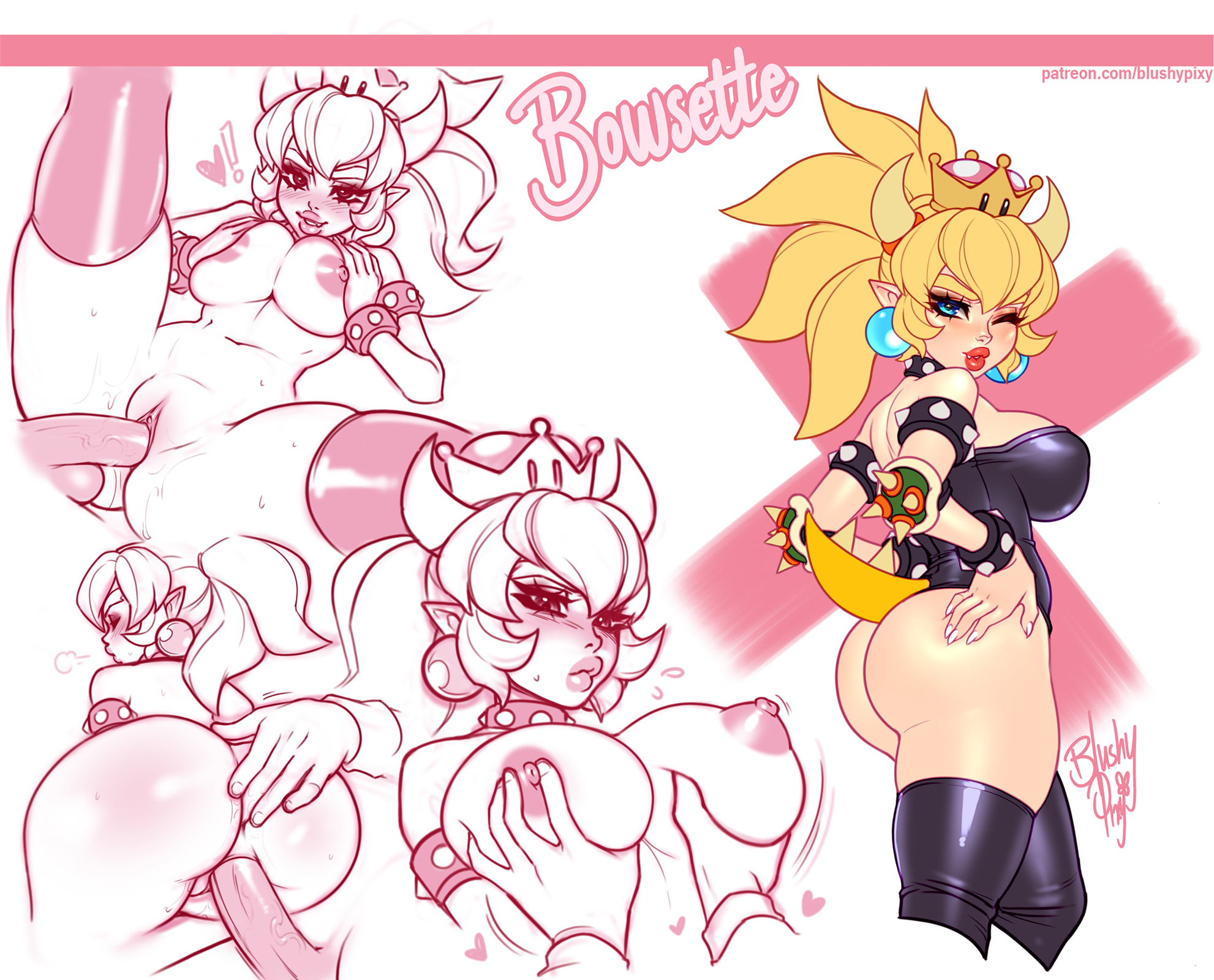 anal fingering, ass, big ass, big breasts, big lips, blonde hair, blushypixy, blushyspicy, bowsette, bracelet, breast grab, breast squeeze, breasts, choker, collage, concept art, crown, eye contact, female, genderswap, heavy breathing, horns, hourglass figure, leather, mario (series), monochrome, multiple poses, multiple positions, new super mario bros. u deluxe, nintendo, pout, pussy, red lipstick, rule 63, sex, skin tight, sweat, thick, thick thighs, thigh highs, vaginal penetration, voluptuous, wink