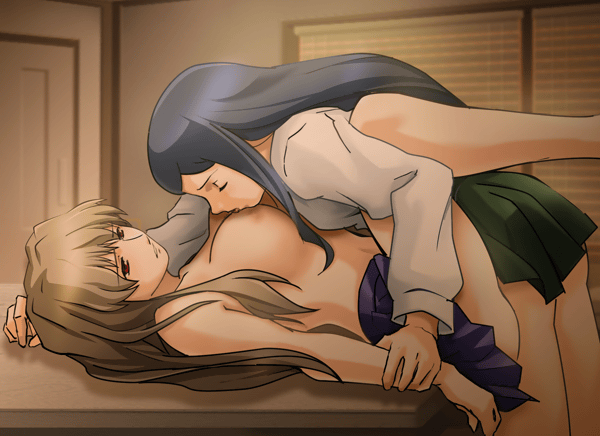 2girls artist_request blue_hair breast_licking breasts brown_hair closed_eyes clothing erect_nipples female fujino_shizuru kuga_natsuki licking long_hair mai_hime multiple_girls my-hime nipples no_shirt red_eyes school_uniform skirt small_breasts topless yuri