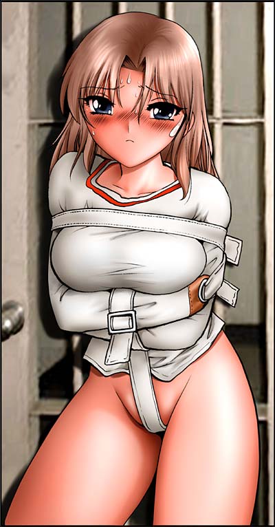 asylum bars blush bondage bottomless brown_hair frown long_hair original partially_visible_vulva photo_background shingyouji_tatsuya solo straitjacket sweat