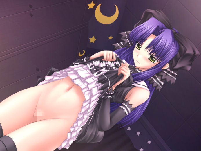 blush bottomless censored dutch_angle game_cg inugami_poemu jpeg_artifacts navel nee_chanto_shiyou_yo nee_chanto_shiyou_yo_2 no_panties purple_hair pussy ribbon skirt skirt_lift solo thighhighs yellow_eyes