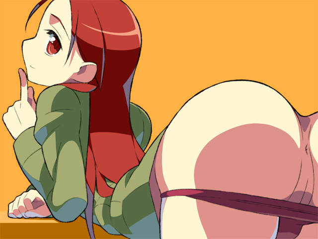 ass clothing innie_pussy long_hair looking_back minna-dietlinde_wilcke namaeha_(pixiv77217) panties panty_pull photoshop pomelocandy pussy red_eyes red_hair strike_witches uncensored underwear