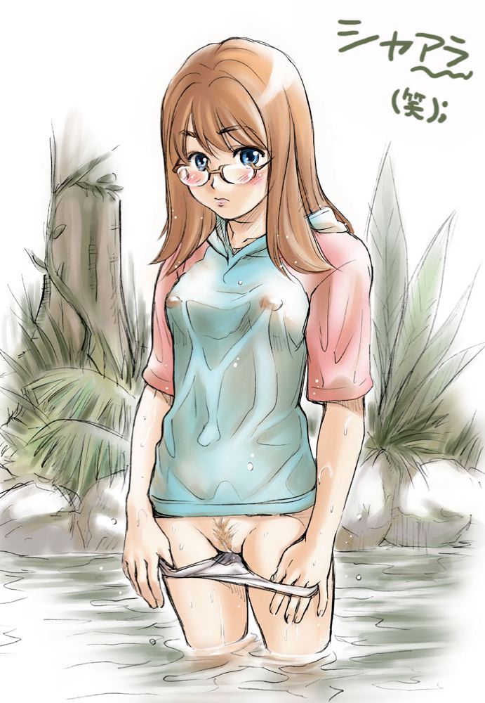 1girls areolae blue_eyes blush brown_hair embarrassed exhibitionism female female_only flat_chest glasses hoodie human long_hair mound_of_venus mujin_wakusei_survive nature nipples no_bra orange_hair outdoors panties panty_pull pubic_hair public_nudity pussy raglan_sleeves red_hair see-through shaara shirt solo standing translation_request tree uncensored underwear uninhabited_planet_survive water wet wet_clothes wet_shirt white_panties