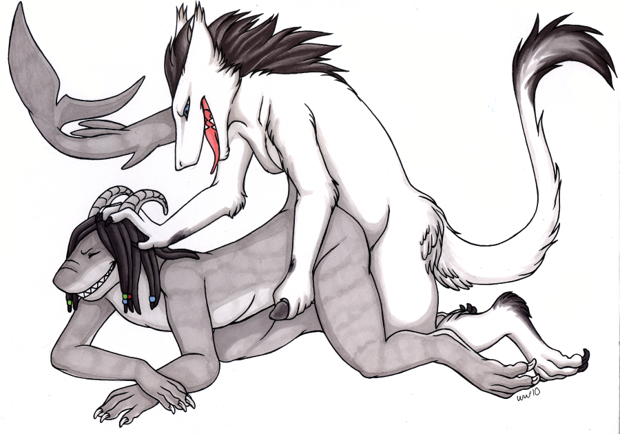 2boys anal doggy_style dreadlocks fur furry furry_only gay hair_grab horns male male_only marine no_humans penis reach_around sergal shark sketch smile tongue wingedwolf