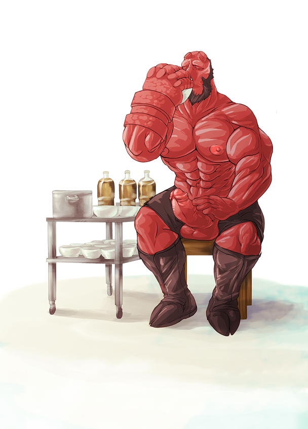 beard beer boner dark_horse demon drinking erection food hellboy hellboy_(series) hooves male male_only muscles penis red_skin solo teddybearlumpkins