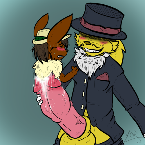 anthro_only balls blush brown_nose closed_eyes cock_vore cum eevee eeveelution empa furry hat hyper jolteon male nintendo pokemon pokemon_(species) suit vore ycr