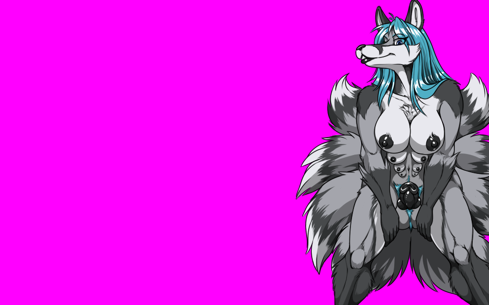 1futa aleu_moonshadow animal_genitalia anthro balls blue_hair breasts canine fenrir_lunaris fox furry futanari hair herm heterochromia intersex mammal multi_breast multi_tail nikorokumitsero penis pubes purple_background sheath simple_background solo solo_futa