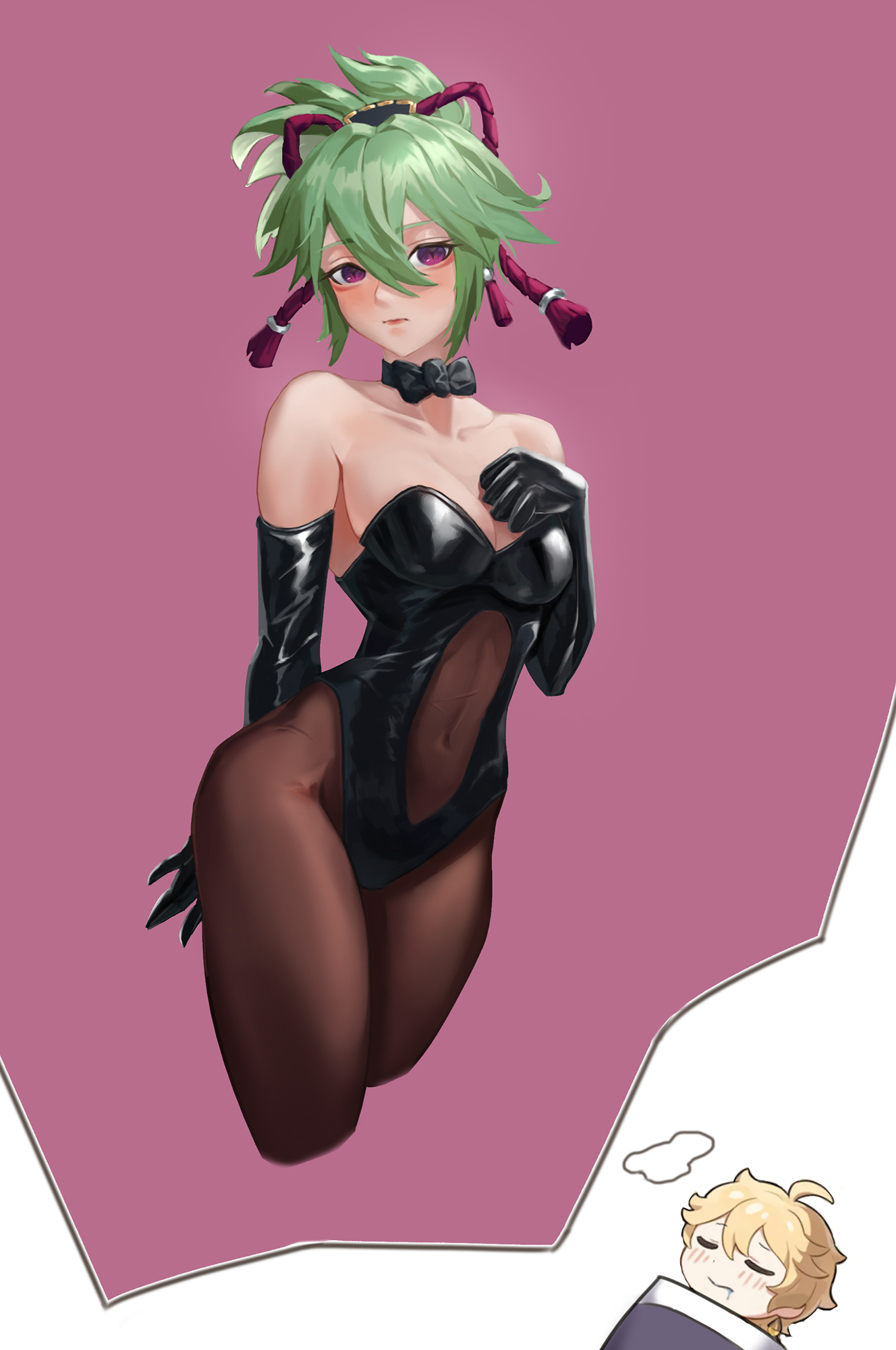 1boy, 1girls, aether (genshin impact), artist request, bare shoulders, belly, belly button, black elbow gloves, black gloves, black leotard, blush, breasts, choker, cleavage, collar, collarbone, dreaming, elbow gloves, female, female focus, genshin impact, gloves, green hair, hair between eyes, hair ornament, kuki shinobu, large breasts, leotard, looking at viewer, male, navel, pantyhose, ponytail, purple eyes, ribbon, sleeping, solo female, solo focus, stomach, straight