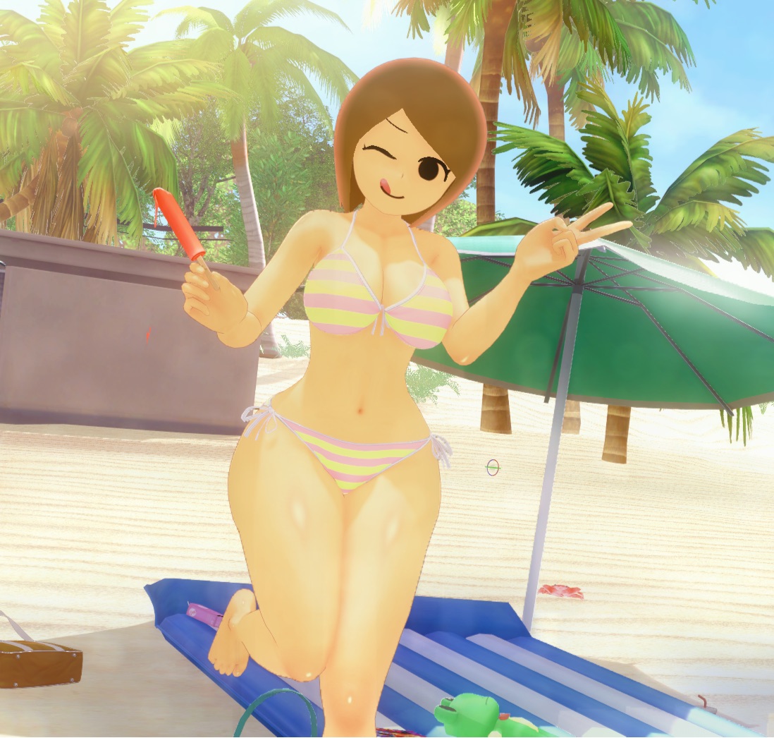 anonymous artist, beach, koikatsu, mii, mii gunner, mii gunner (smash ultimate), mob face, nintendo, popsicle, super smash bros., super smash bros. ultimate, swimsuit