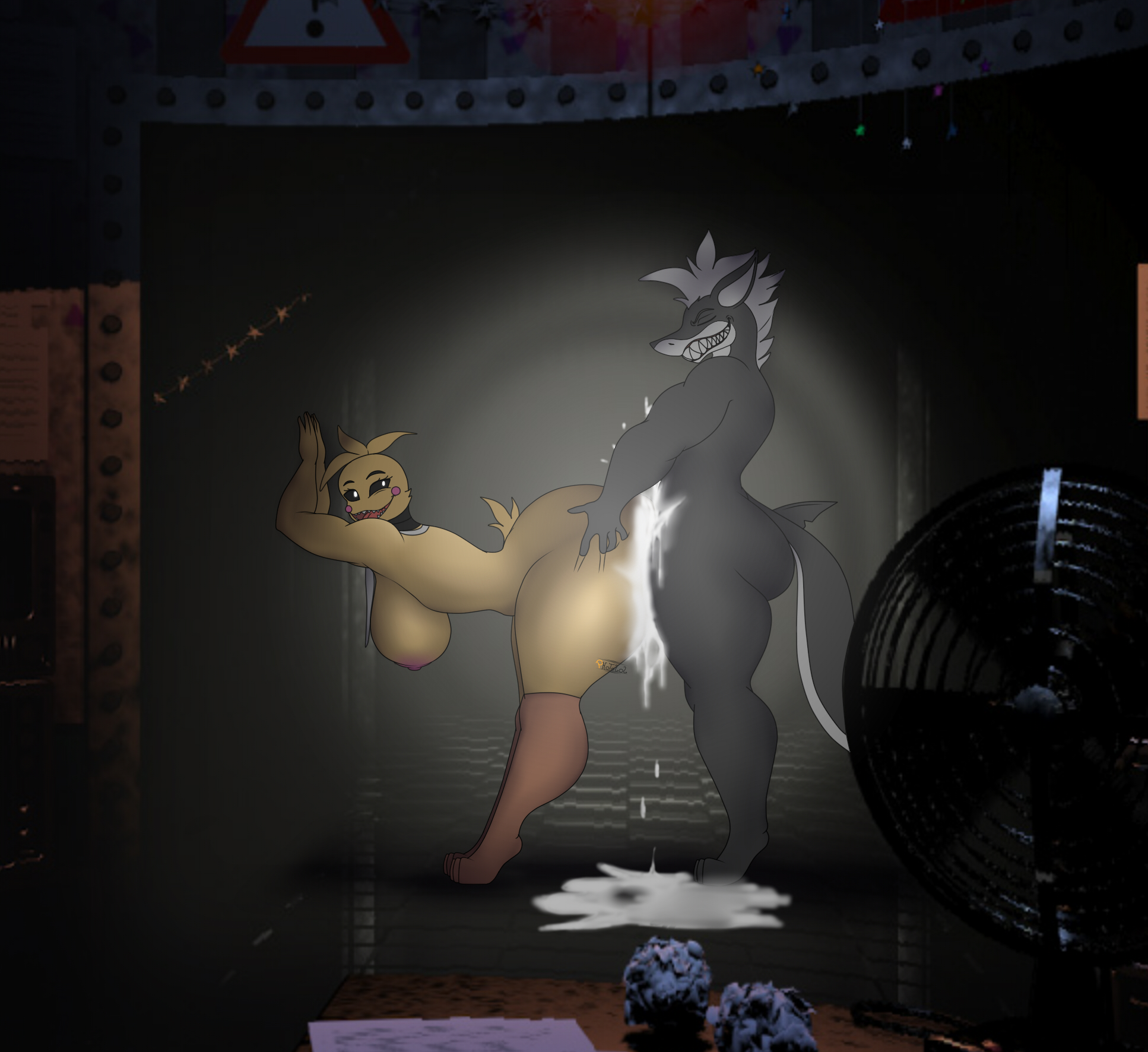 anthro, ass, ass grab, avian, big ass, big breasts, big butt, bird, bodily fluids, breasts, butt grab, chicken, closed eyes, cum, duo, excessive cum, female, fish, five nights at freddy's, five nights at freddy's 2, fnaf2 location, galliform, gallus (genus), genital fluids, hand on ass, hand on butt, hi res, looking at another, male, male/female, marine, phasianid, photolol.03, scottgames, sex, shark, thick thighs, toy chica (fnaf), video games, wide hips