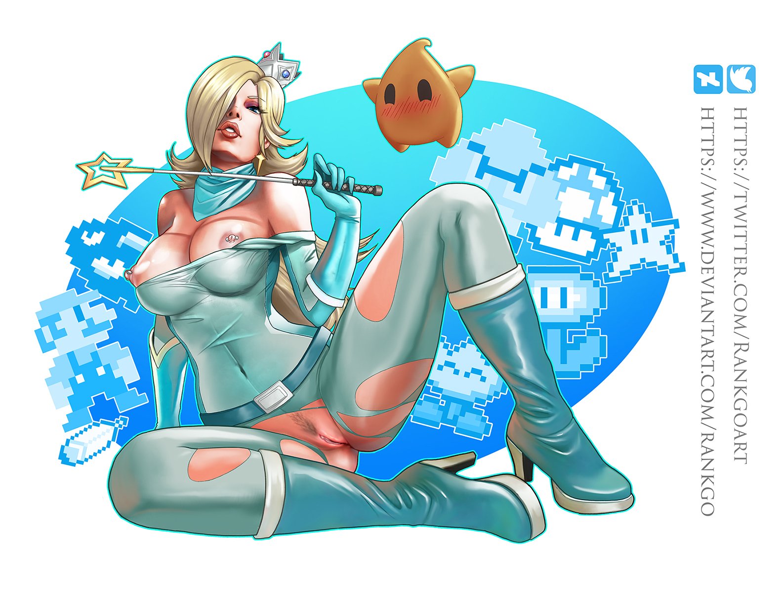 1girls, 1other, ambiguous gender, big breasts, bimbo, blonde hair, blue eyes, breasts, clothing, crown, dominant female, dominatrix, erect nipples, female, female focus, hairy pussy, latex gloves, latex stockings, latex suit, long hair, looking at viewer, luma, mario (series), nintendo, nipple bulge, nipple piercing, nipples, piercing, princess rosalina, pubic hair, pussy, rankgo, seductive look, skin tight, solo focus, super mario bros., super mario galaxy, torn clothes