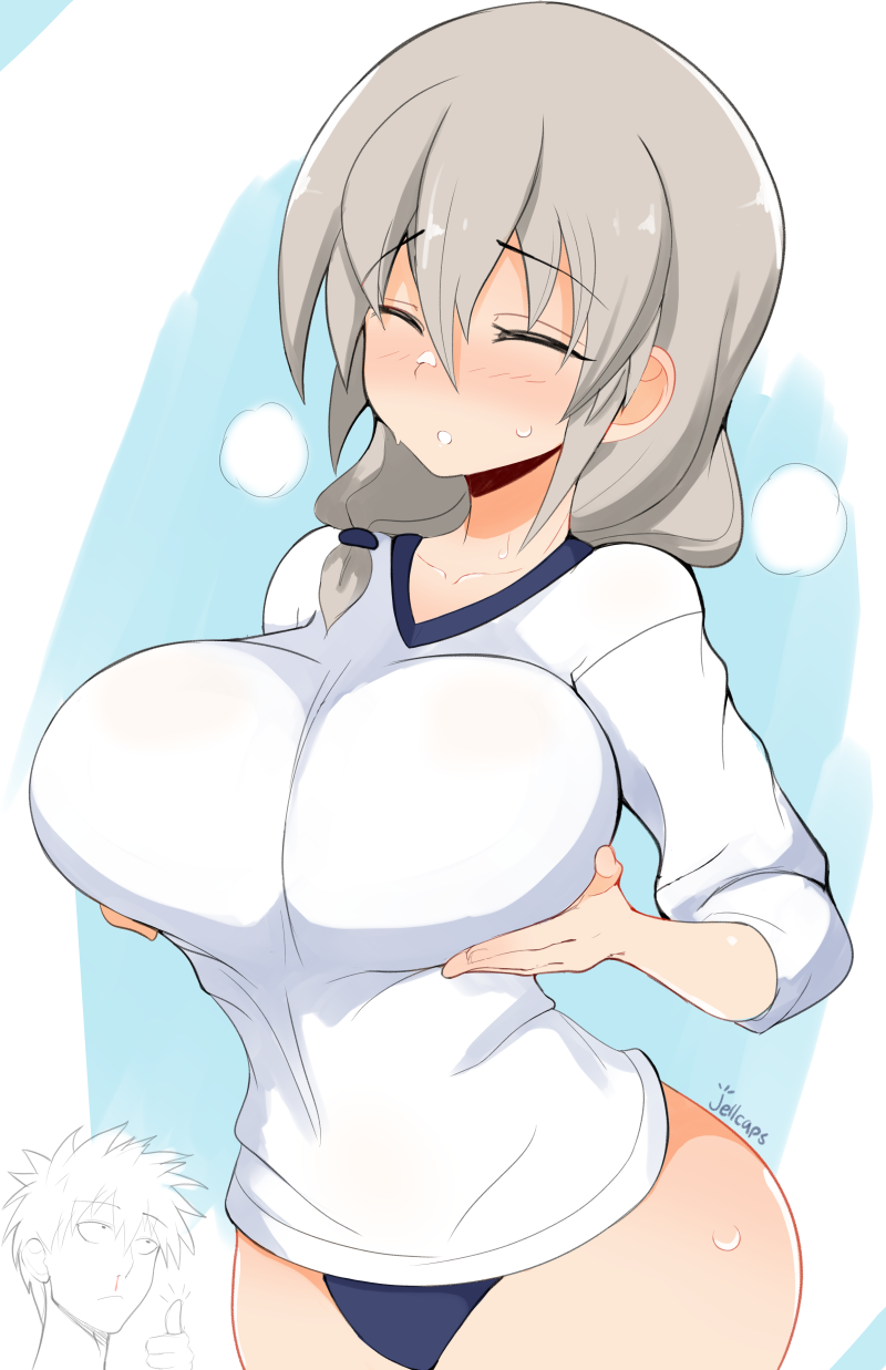 1girls big_breasts blush closed_eyes female female_only holding_up_breasts jellcaps milf panties solo uzaki-chan_wa_asobitai! uzaki_tsuki