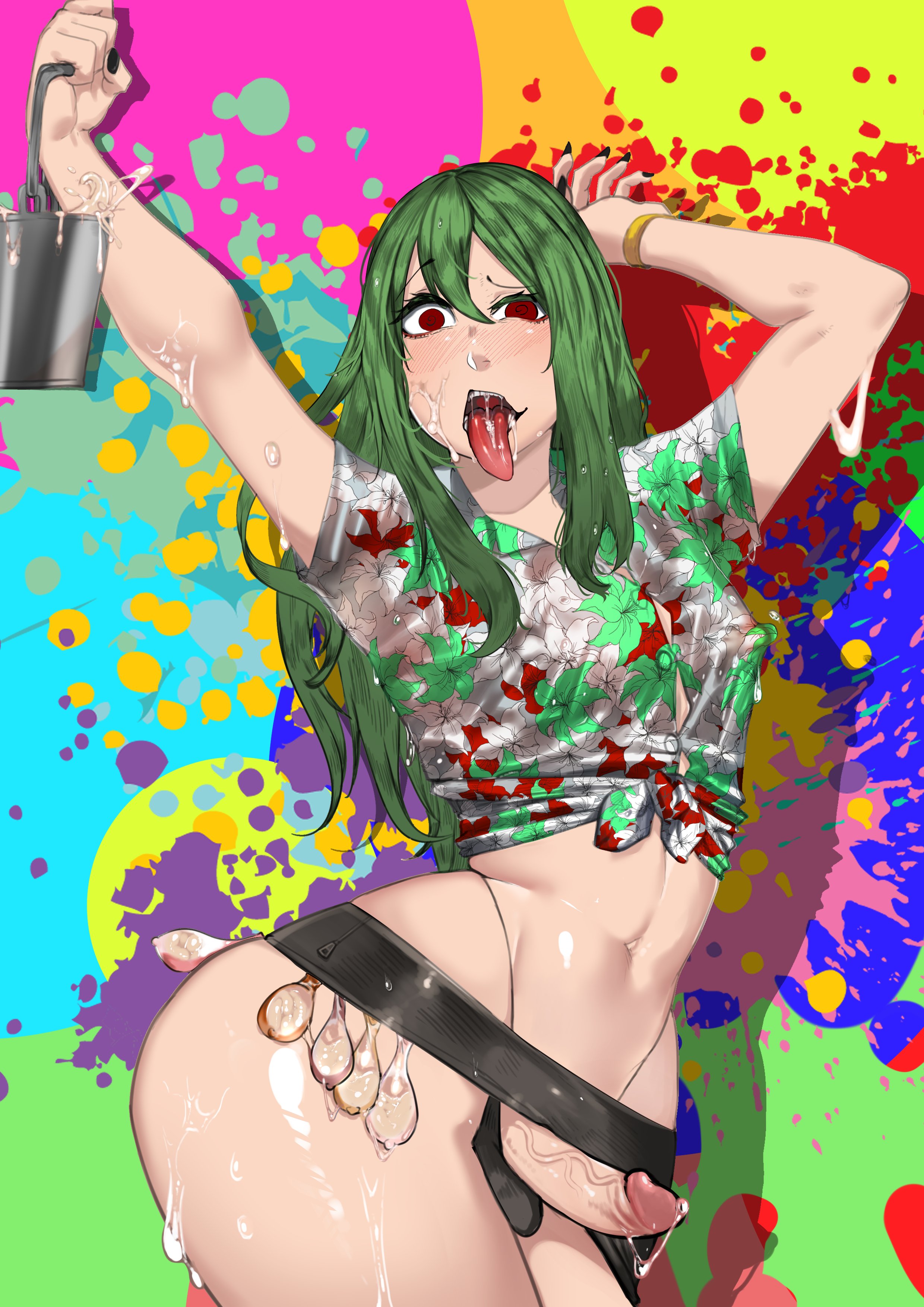 1boy, arms up, balls, balls in underwear, black fingernails, black g-string, black nails, blush, bucket, crazy eyes, cum, cum bucket, excited, femboy, g-string, girly, green (artist), green (original), green hair, long hair, male, midriff, oc, original, original character, painted nails, penis, penis out, precum, red eyes, shiny ass, shirt, skirt, solo, solo male, thong, tongue, tongue out, used condom, wet, wide hips