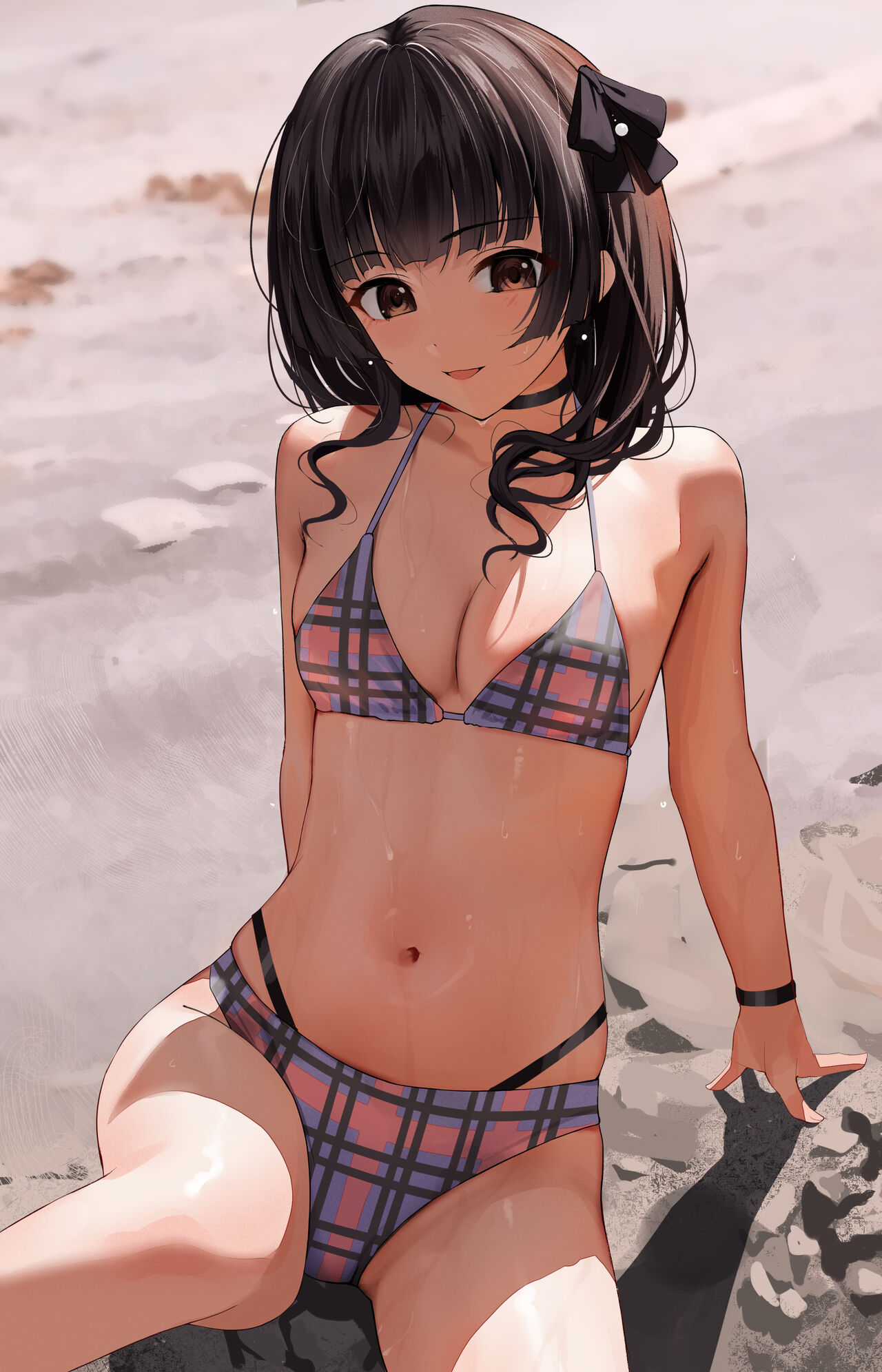 :d, 1girls, arm support, bangs, bare arms, bare shoulders, beach, beads, belly, belly button, bikini, bikini bottom, bikini top, black choker, black hair, black ribbon, black wristband, blunt bangs, blush, breasts, brown eyes, choker, cleavage, collarbone, dot nose, female, female focus, female only, gin00, hair ornament, hair over shoulder, hair ribbon, halter top, halterneck, idolmaster, idolmaster shiny colors, mayuzumi fuyuko, midriff, navel, open mouth, ribbon, ribbons, sand, sitting, small breasts, smile, smiling, smiling at viewer, solo, solo female, solo focus, striped, striped bikini, striped clothing, stripes, swimsuit, swimwear, wet, wet body, wet skin, wristband