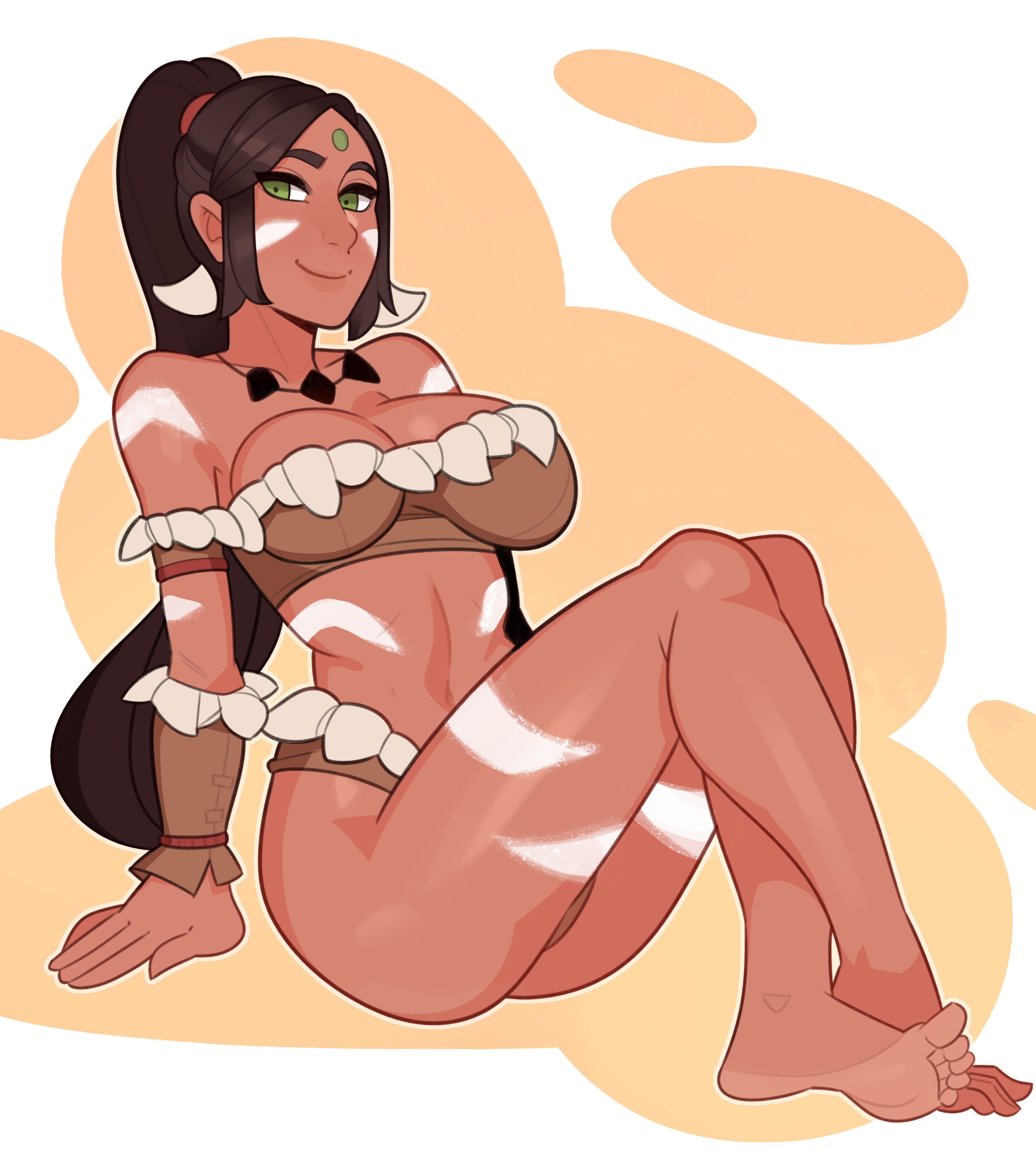 1girls, barefoot, big breasts, breasts, crossed legs, dark skin, dark-skinned female, feet, female, female only, forehead mark, green eyes, large breasts, league of legends, long hair, nidalee, riot games, sitting, smile, solo, splashbrush, strapless, strapless top, strapless topwear, tubetop